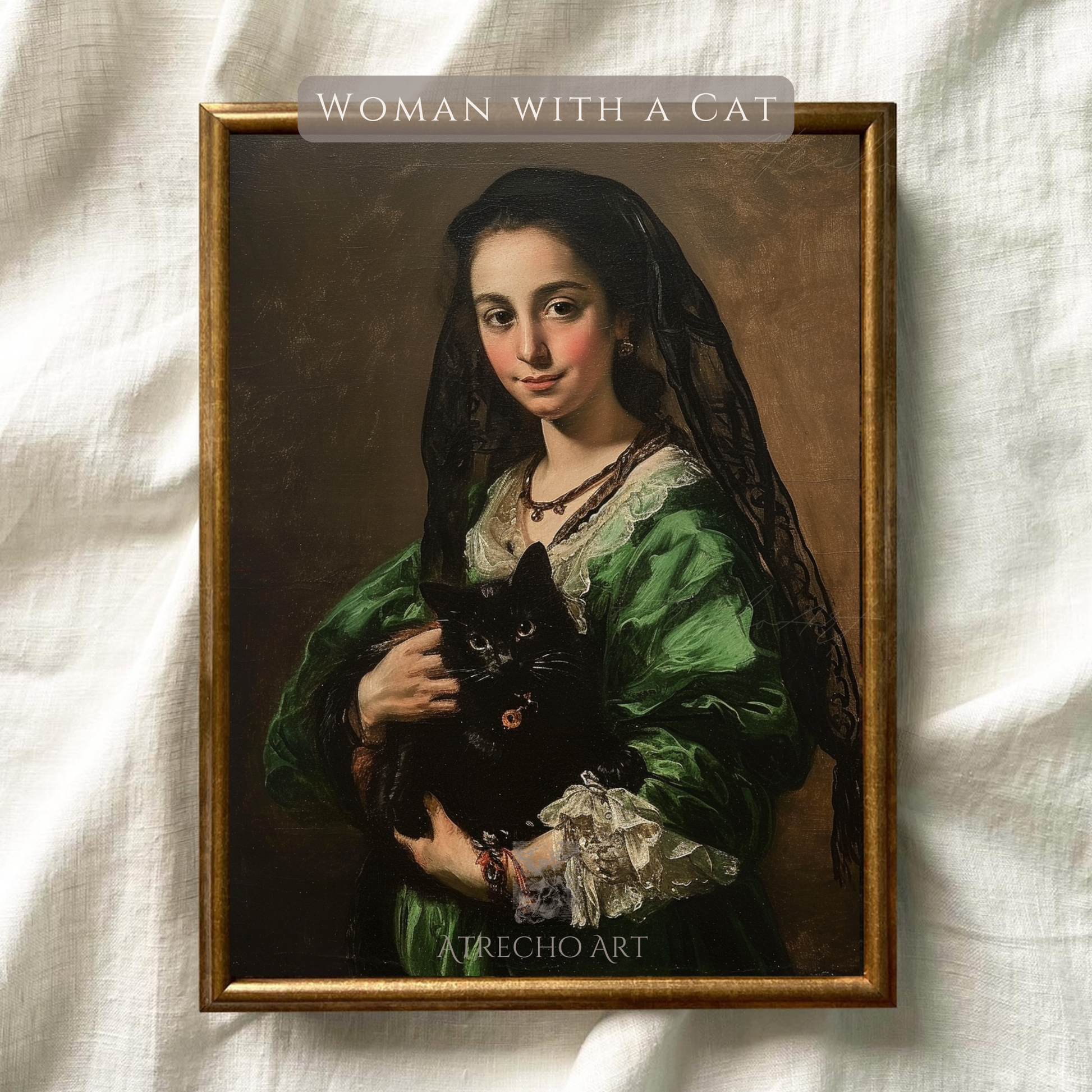 Vintage cat portrait of woman in emerald green dress holding black cat wearing black lace veil classical European portraiture art print