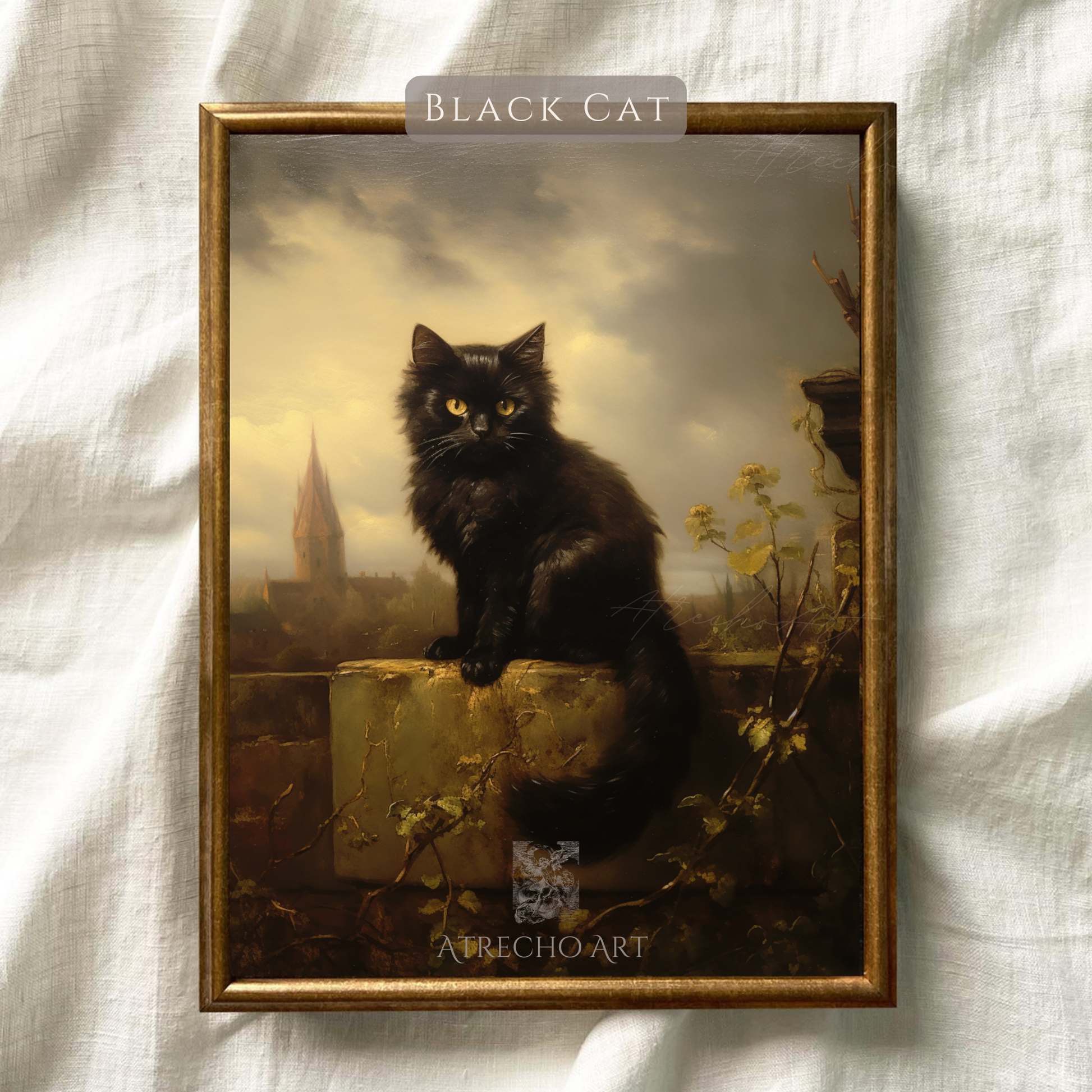 Gothic black cat art print with striking golden eyes perched on weathered stone overlooking misty European cathedral landscape in dark romantic style