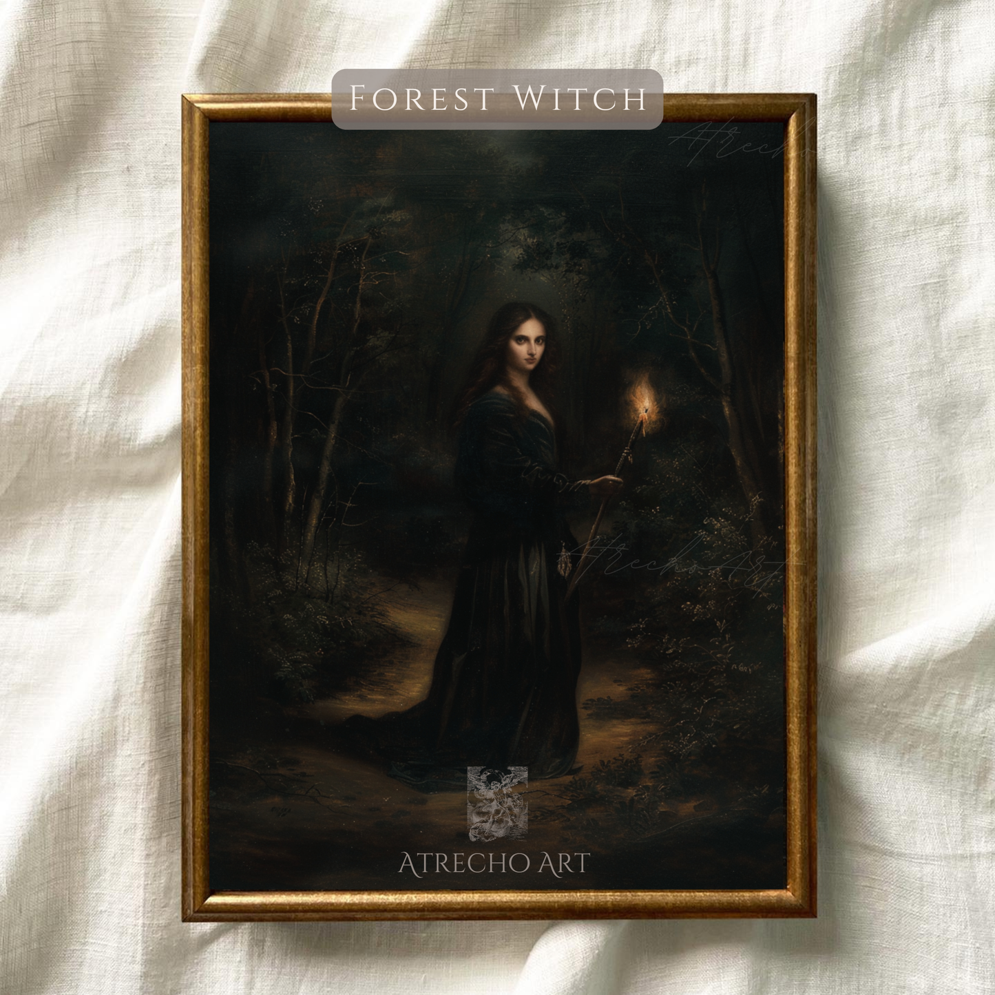 Gothic forest witch print against natural linen texture, deep umber and olive-black shadow tones by Atrecho Art