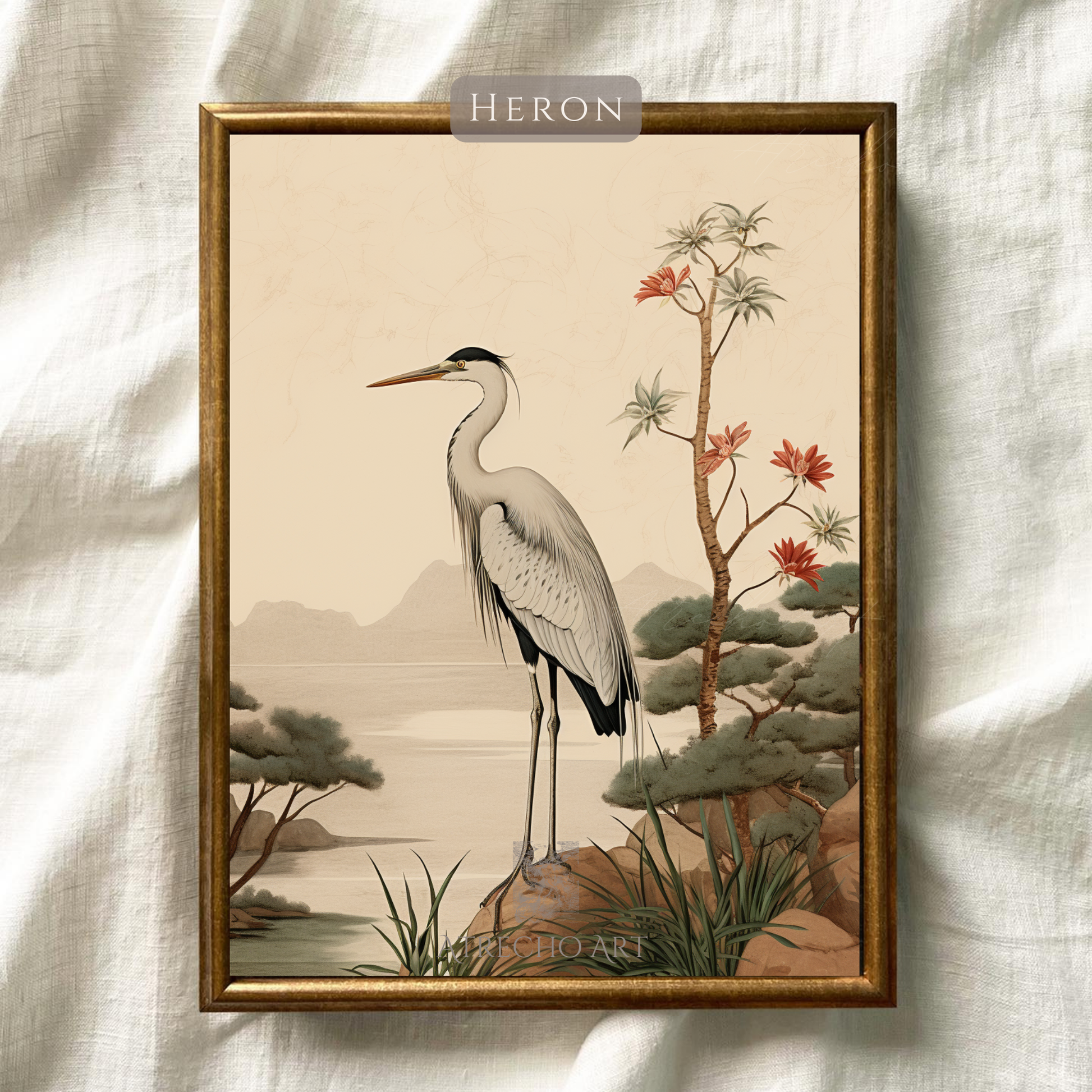 Vintage European-style heron bird illustration with autumn foliage and flowering branches in warm earth tones, perfect for cottage core and Old World Spanish inspired home decor