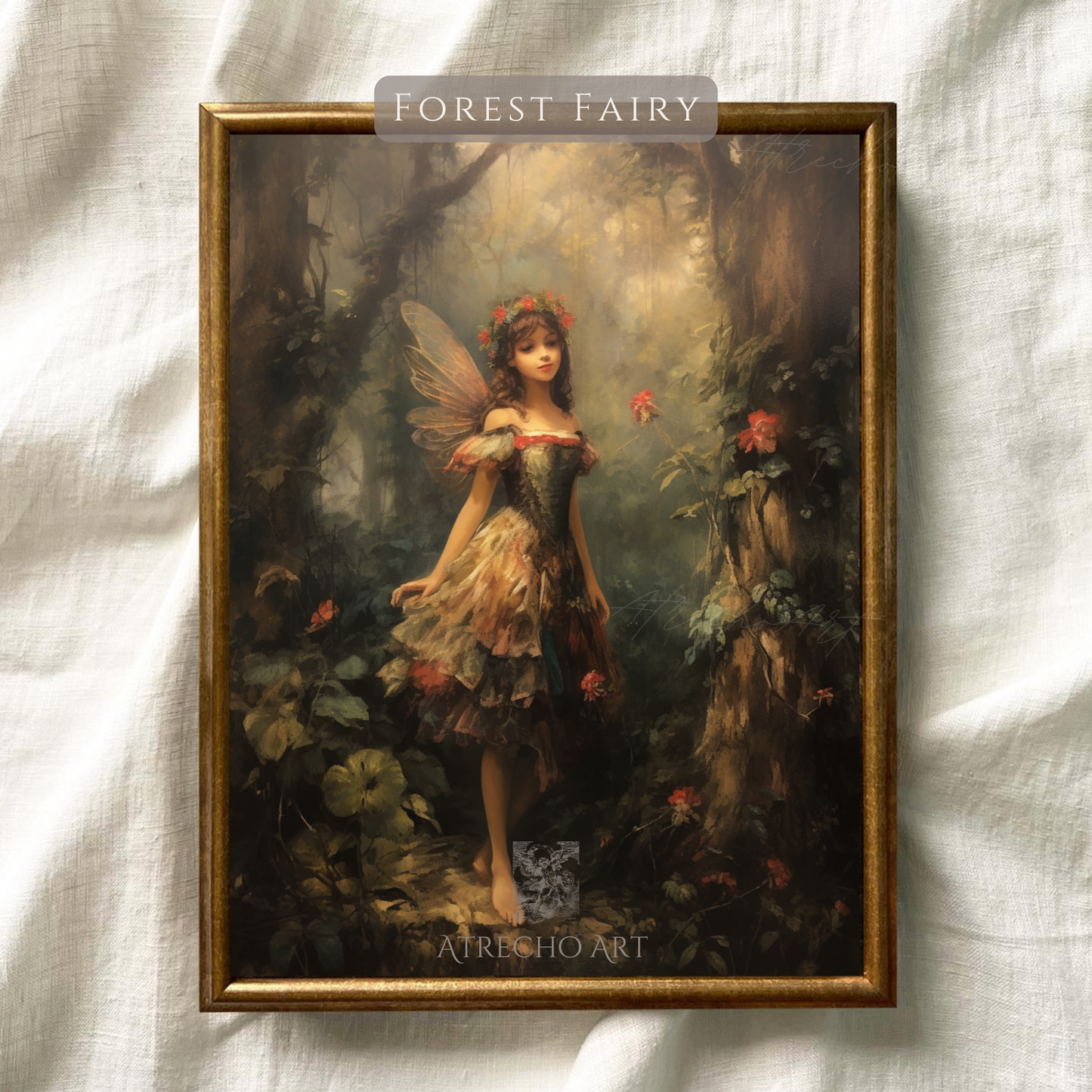 Forest fairy print shown against natural linen texture — painterly russet and ochre woodland fantasy, by Atrecho Art