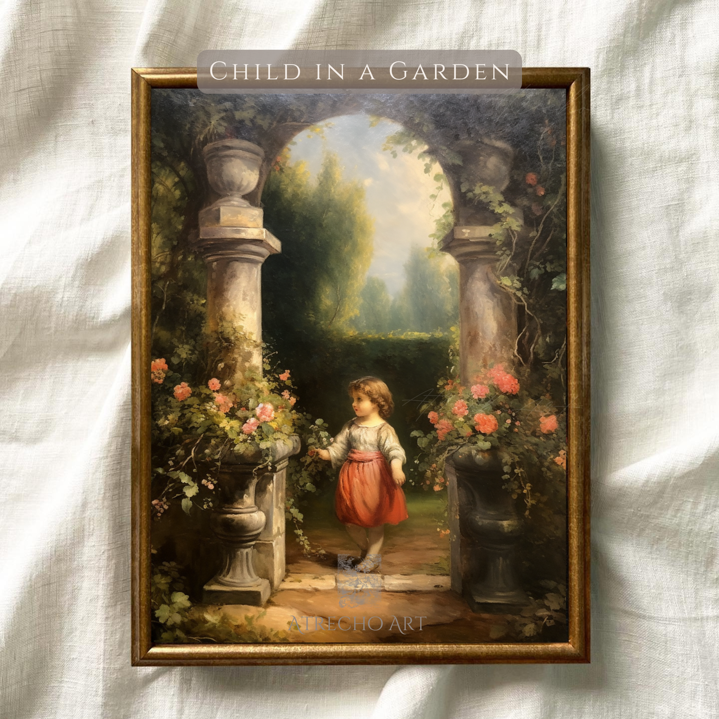 Child in a garden print shown against natural linen texture, revealing warm matte fine art paper by Atrecho Art