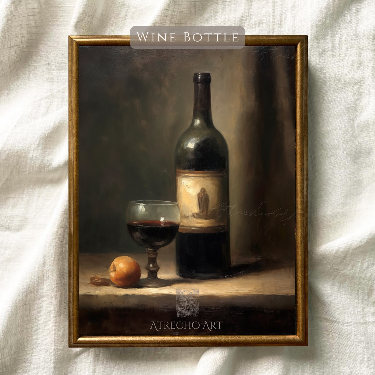 Wine bottle still life art print resting on natural linen, olive and oxblood tones by Atrecho Art