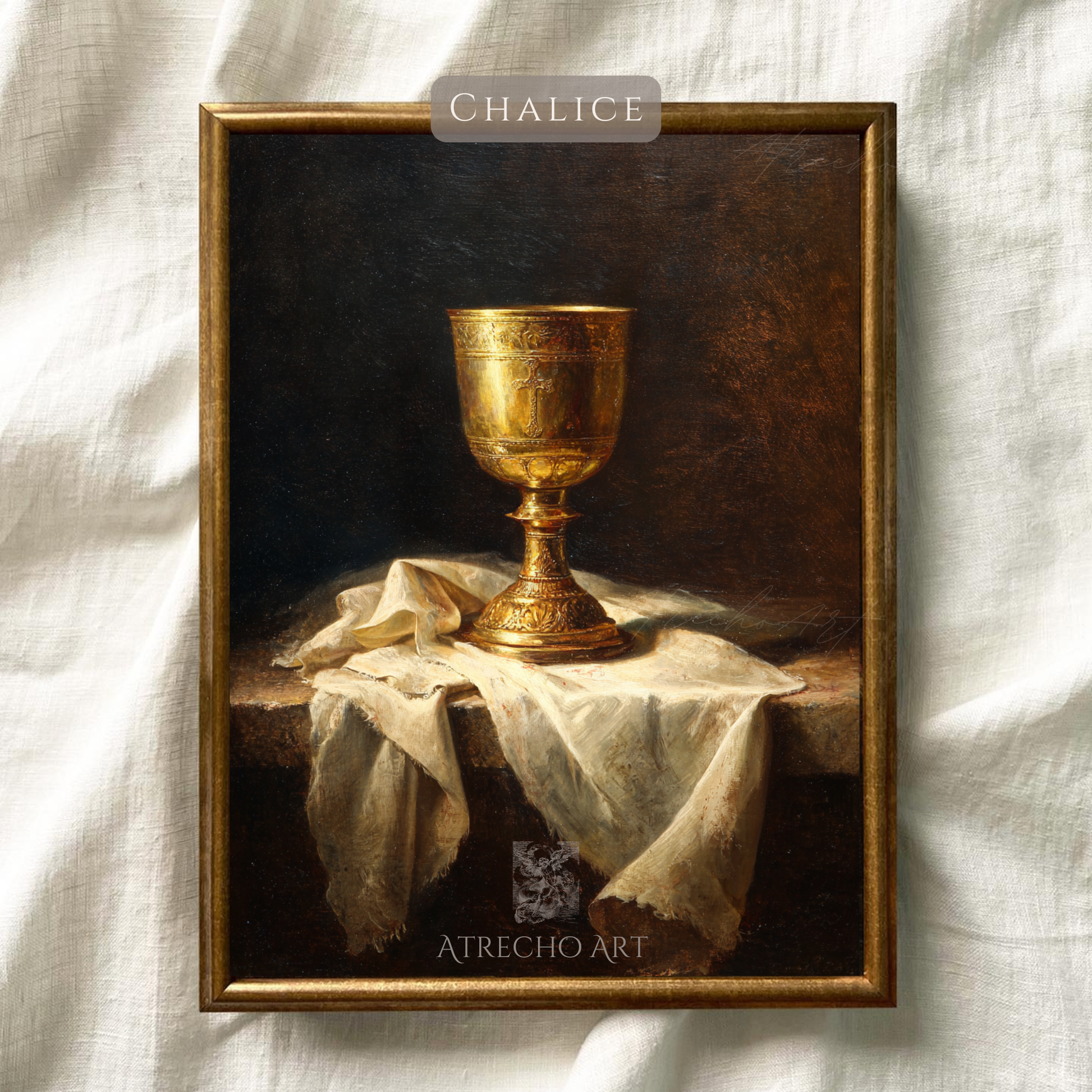 Close-up of the golden chalice print showing engraved Latin cross and matte linen-textured paper by Atrecho Art