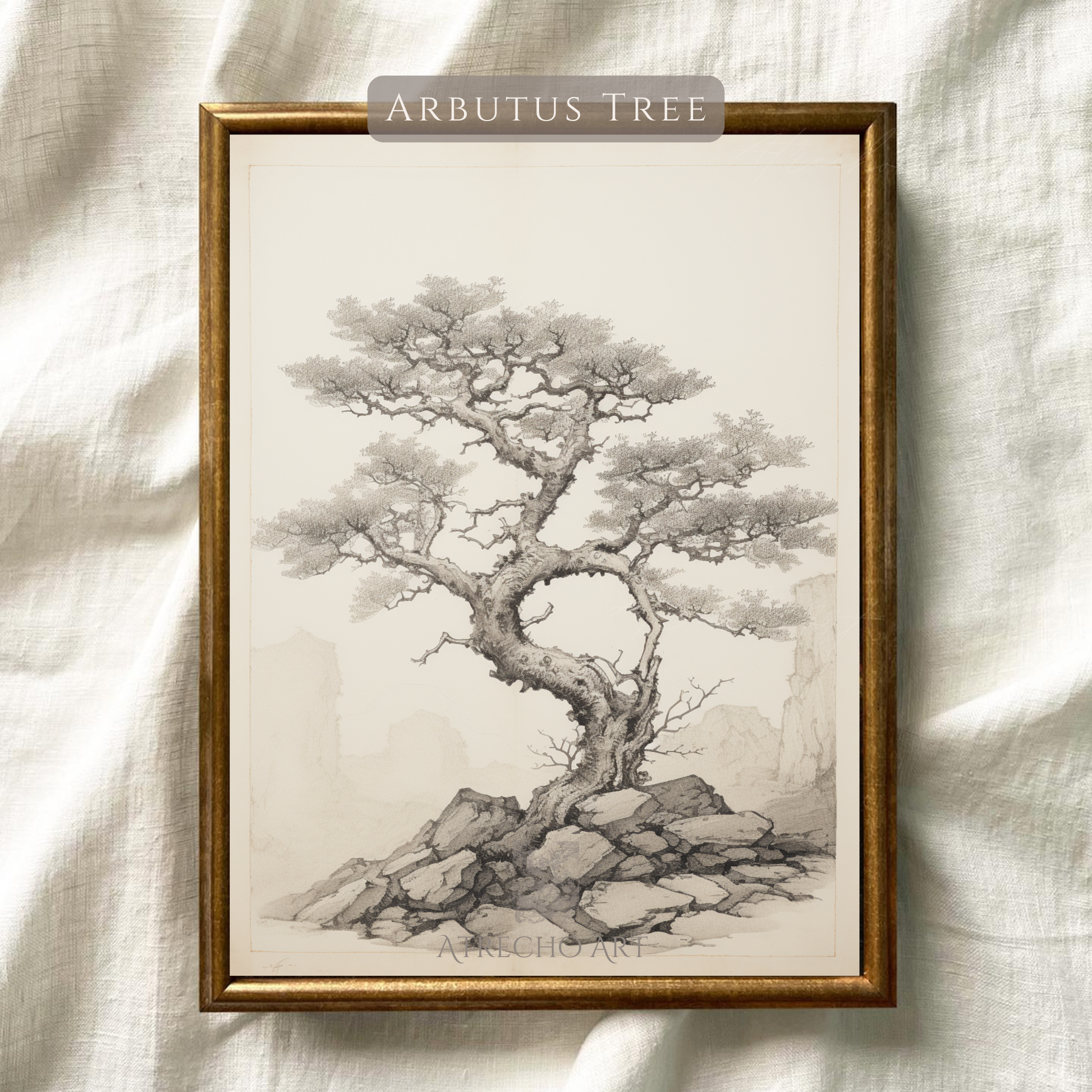 Antique arbutus tree print resting on natural linen, warm sepia and dove-grey tones on aged ivory paper, by Atrecho Art