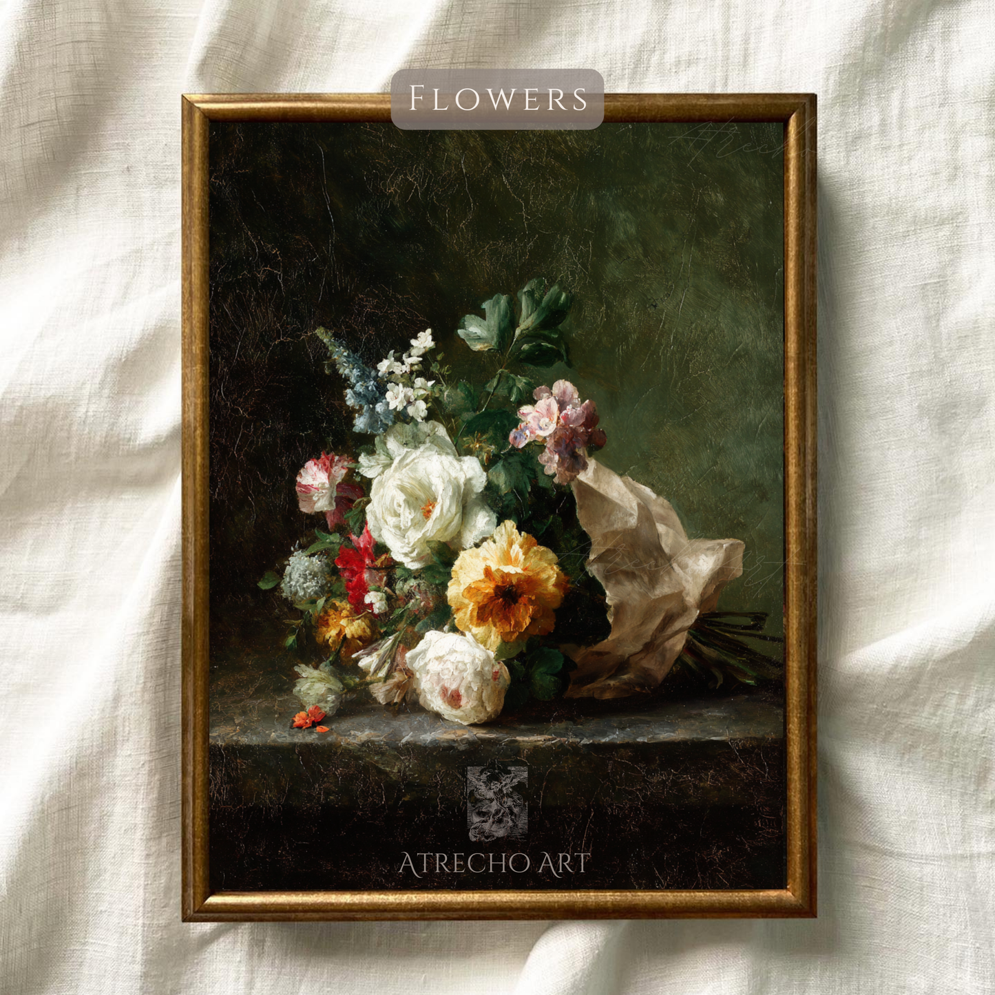 Vintage floral art print featuring dark romantic roses and white flowers against moody background, perfect for European style home decor