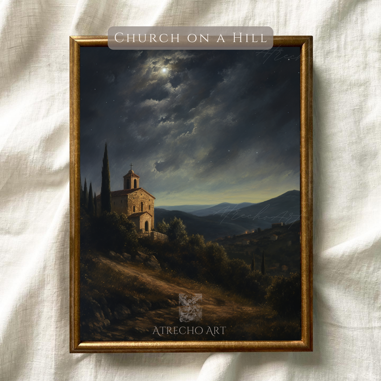 Framed art print of a moody European church on a hill with dark, vintage tones, styled in a cottagecore-inspired room setting
