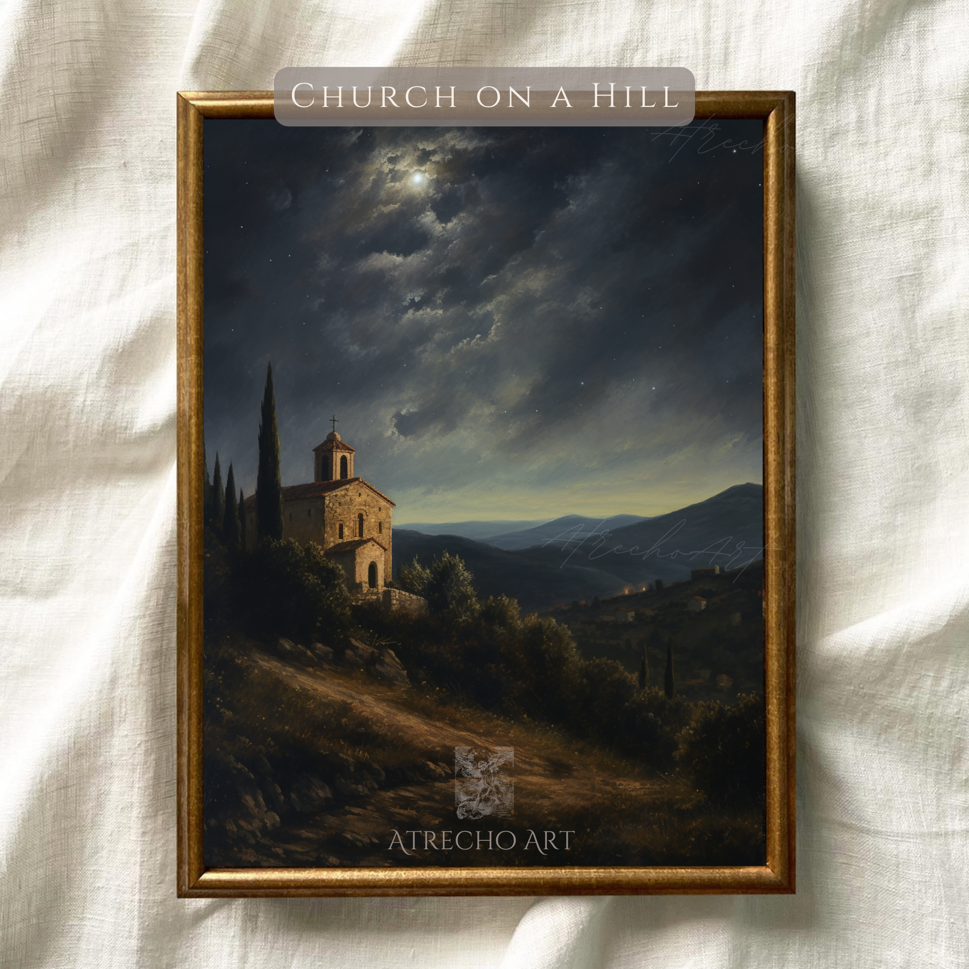 Framed art print of a moody European church on a hill with dark, vintage tones, styled in a cottagecore-inspired room setting