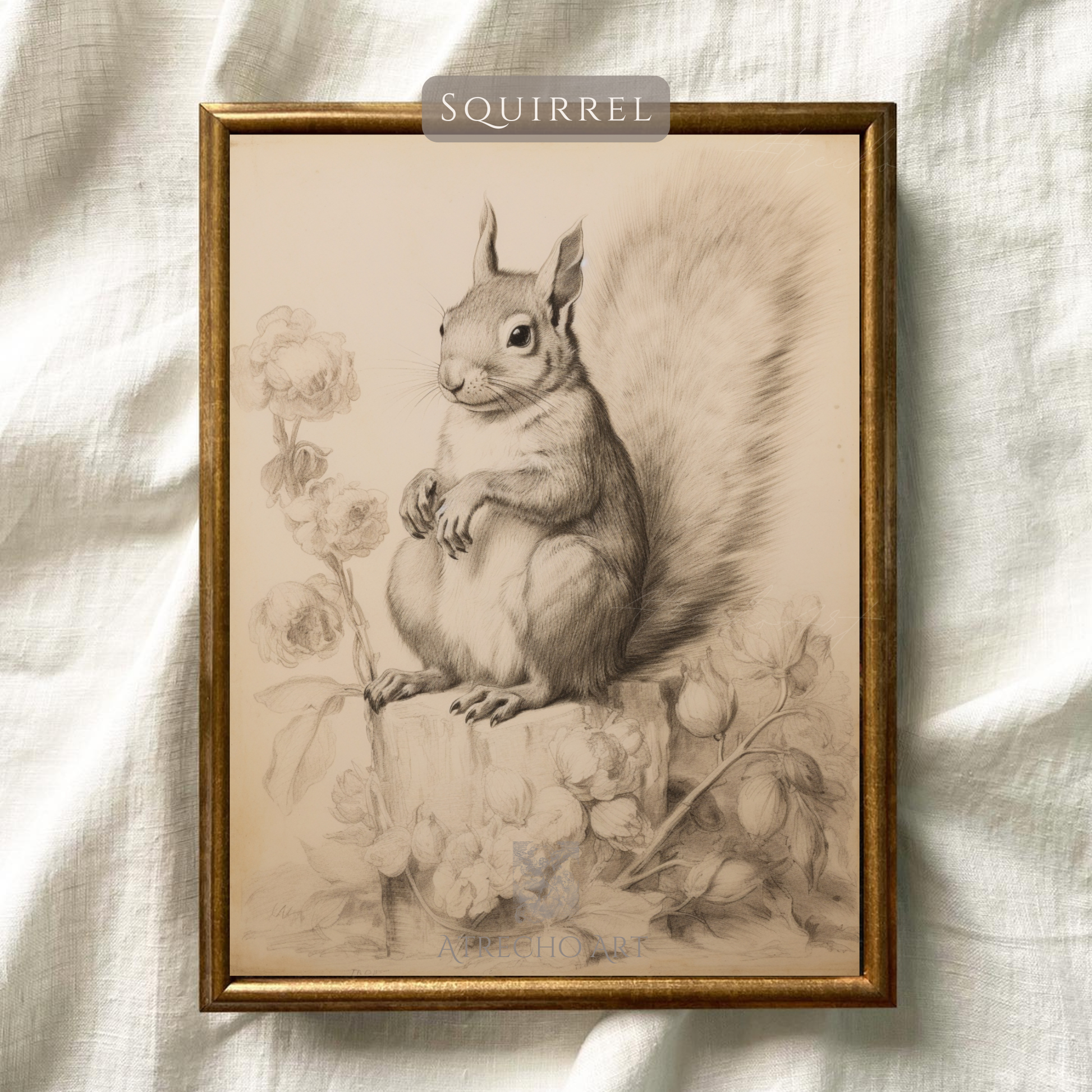 Red squirrel sepia print shown against natural linen texture, warm cream toned paper, by Atrecho Art