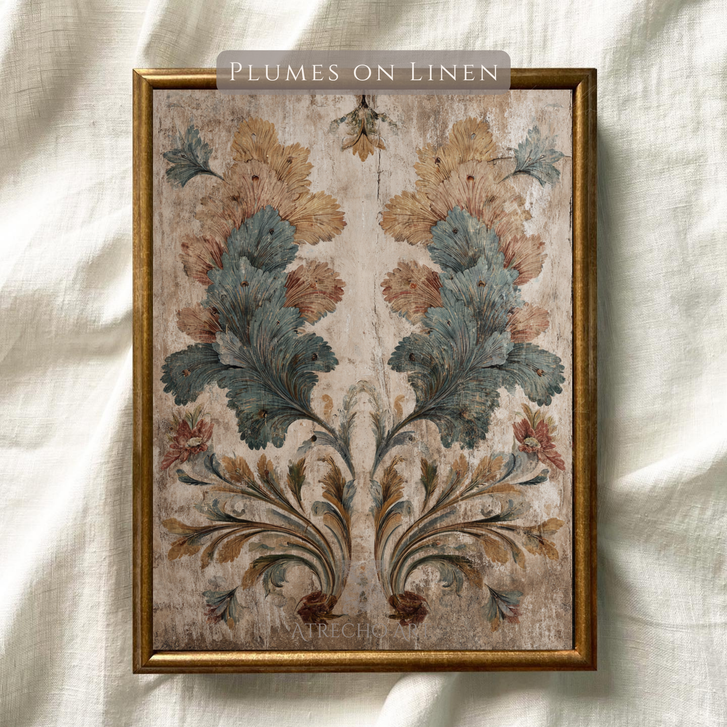 Décoration murale à plumes antiques | Impression texturée en lin vintage | TE22