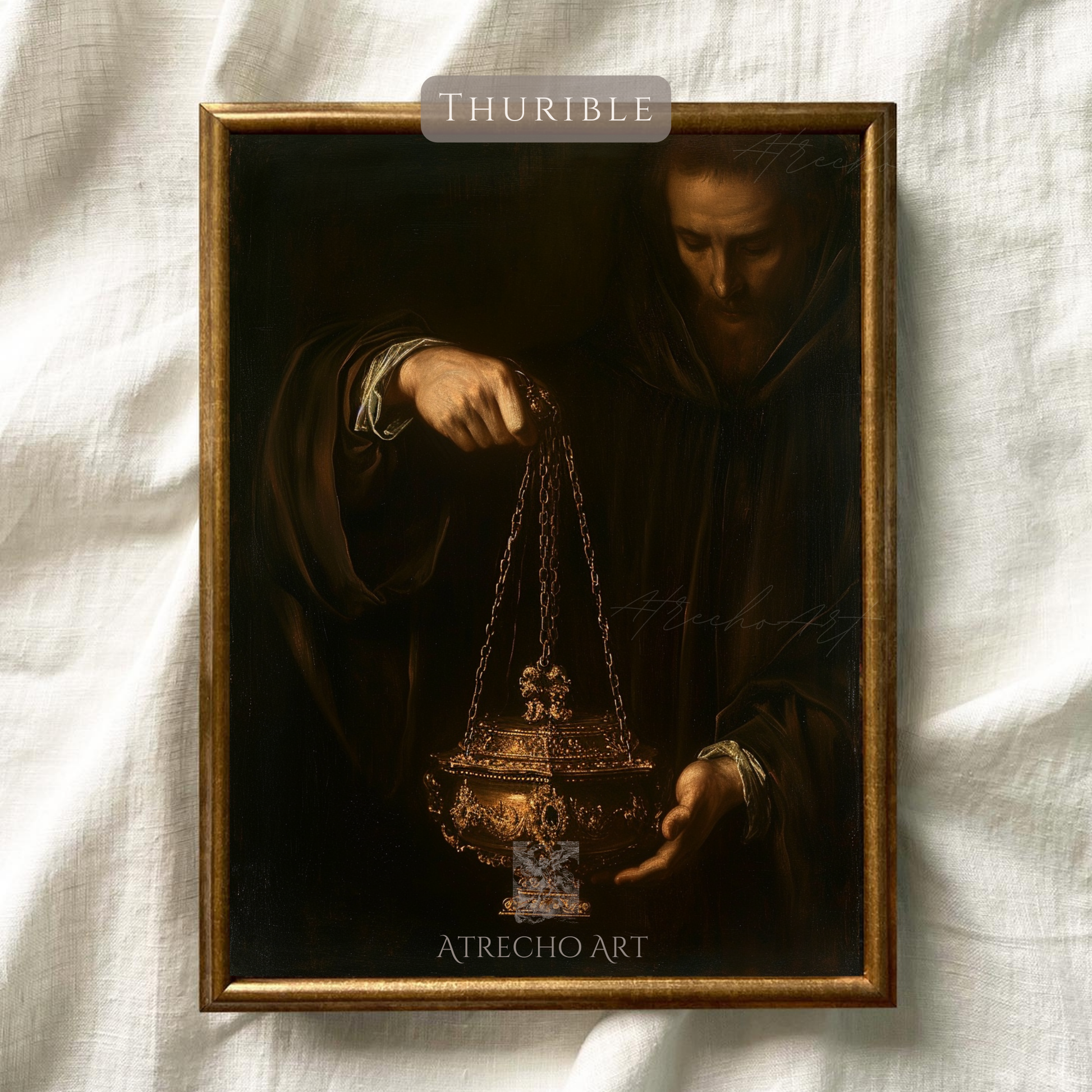 Baroque thurible art print — Spanish Golden Age monk in dark robes holding gilded incense burner by chains, chiaroscuro style, archival matte print by Atrecho Art