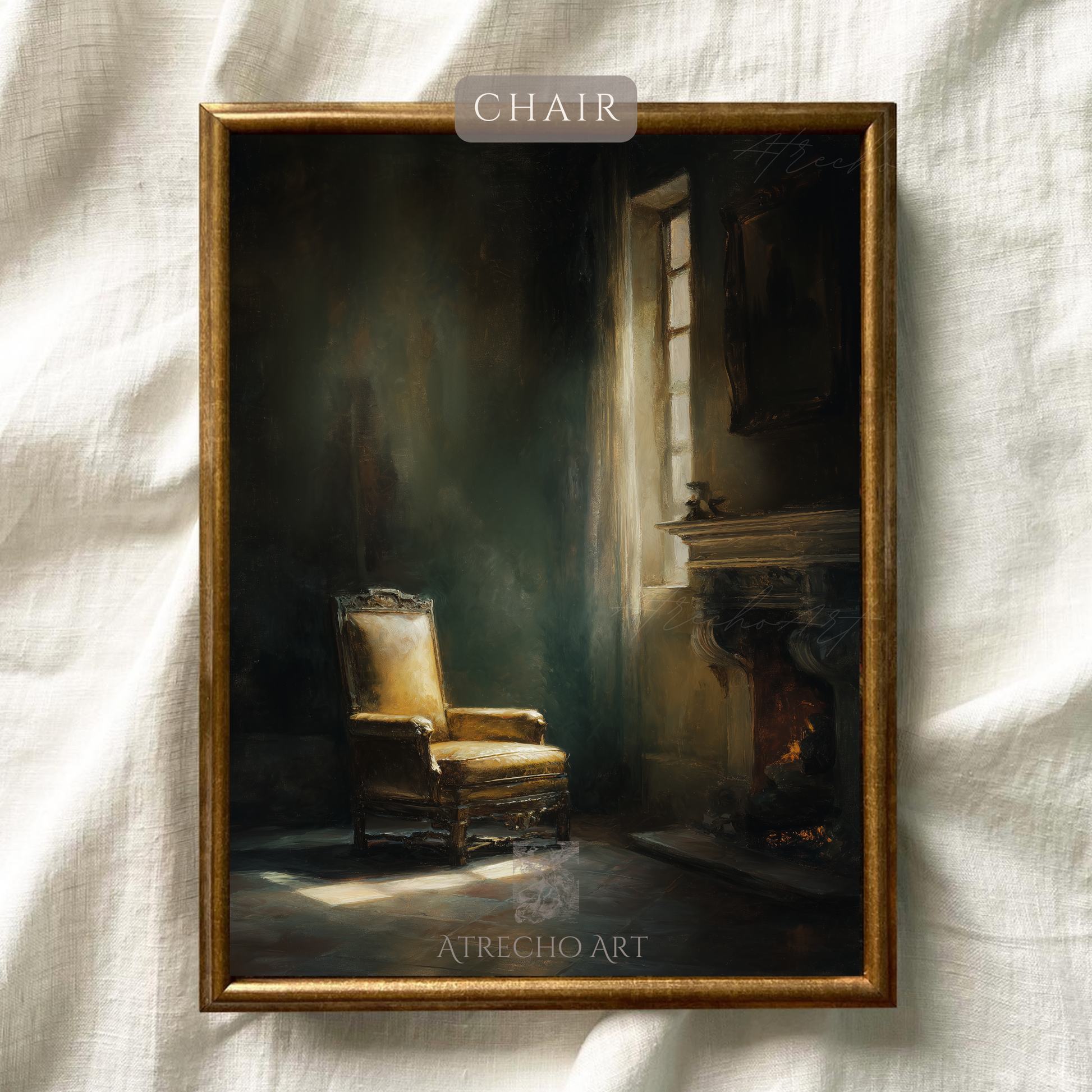 Vintage interior scene with golden upholstered chair by window in dramatic lighting for dark academia cottagecore decor