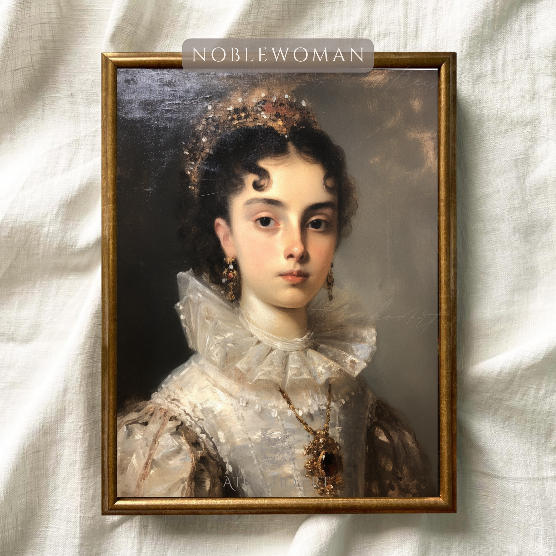 Classical noblewoman portrait with ornate jewelry and white Renaissance collar, museum-quality art print celebrating European heritage