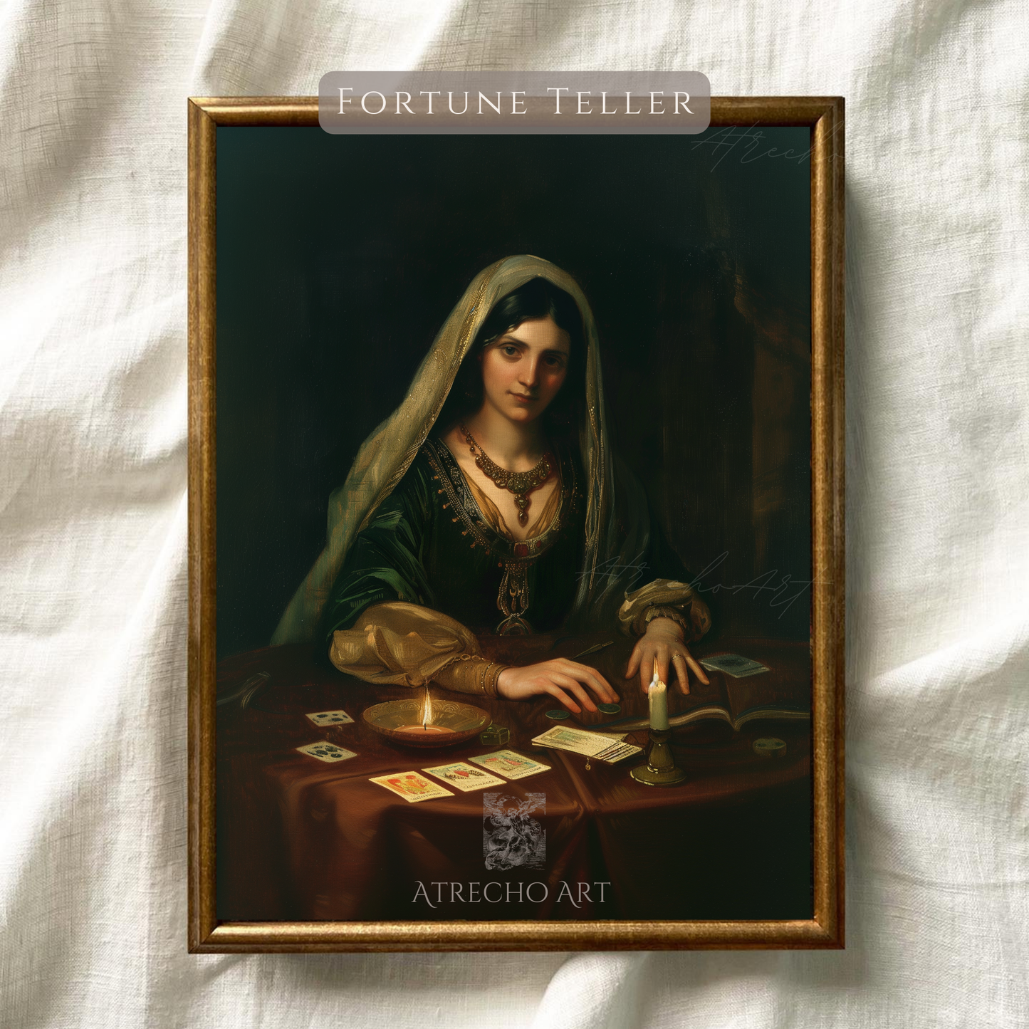 Fortune teller portrait artwork in candlelit baroque style, mystical dark cottagecore wall art for bohemian home decor