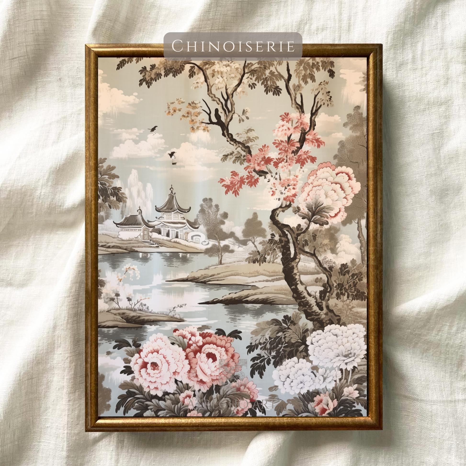 Chinoiserie art print resting on natural linen, soft grey and dusty rose tones by Atrecho Art