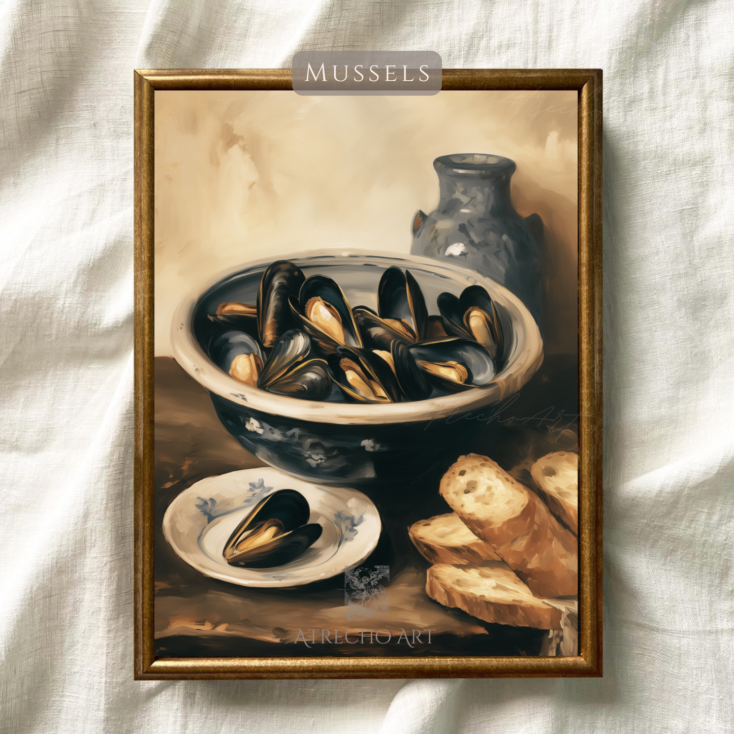 Mussels still life print on natural linen showing canvas grain and wet shell highlights by Atrecho Art