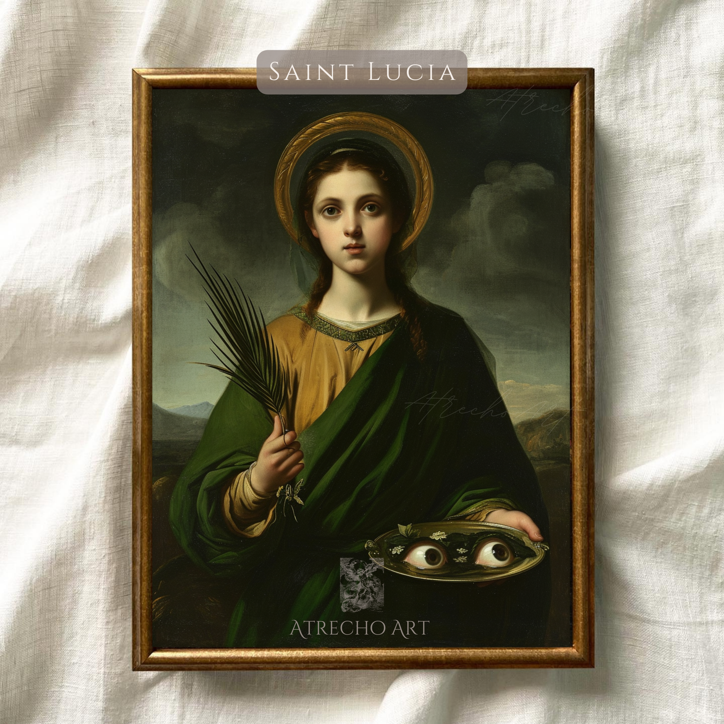 Saint Lucia art print in gold frame on linen background — labeled Catholic saint portrait, warm natural texture, RE21 by Atrecho Art