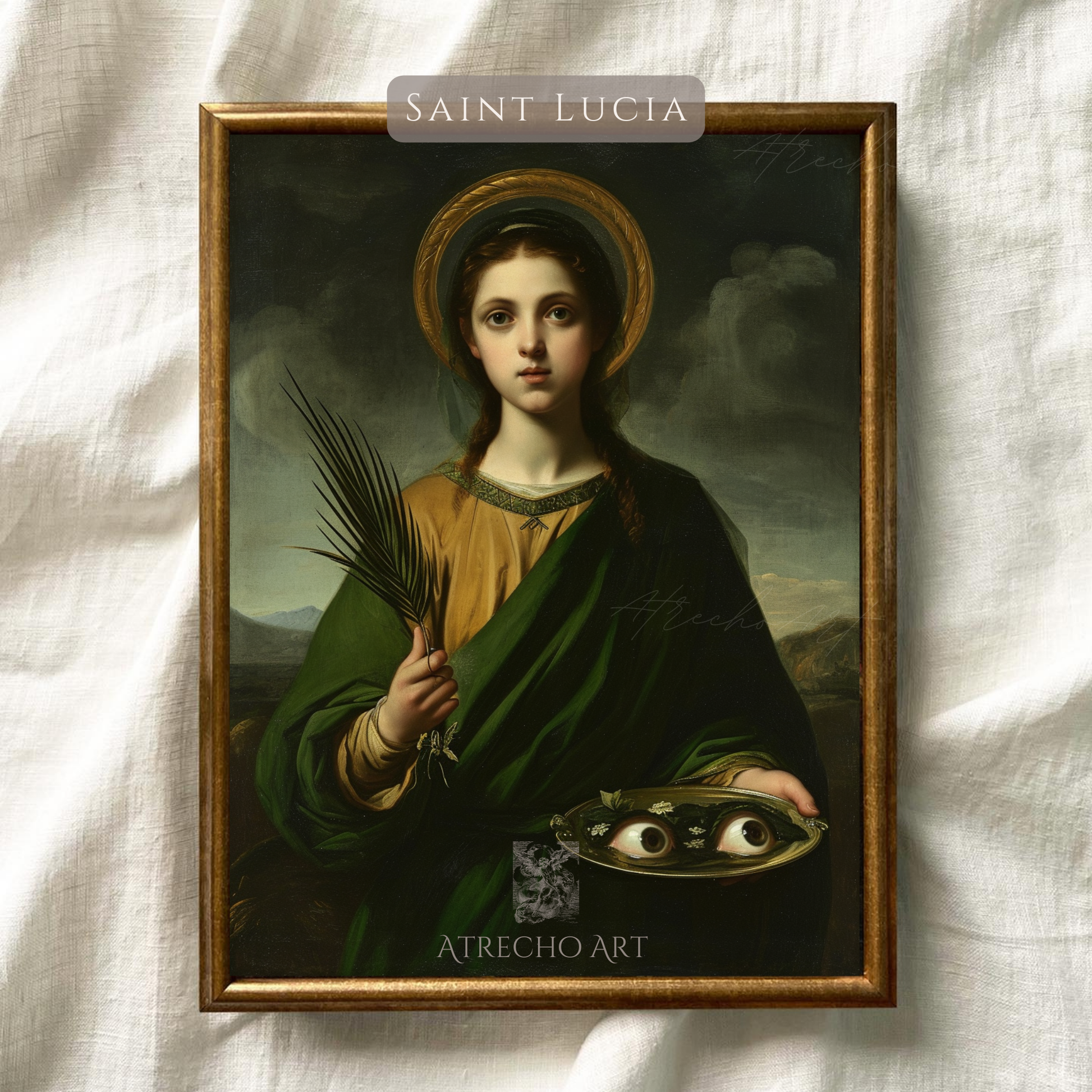 Saint Lucia art print in gold frame on linen background — labeled Catholic saint portrait, warm natural texture, RE21 by Atrecho Art