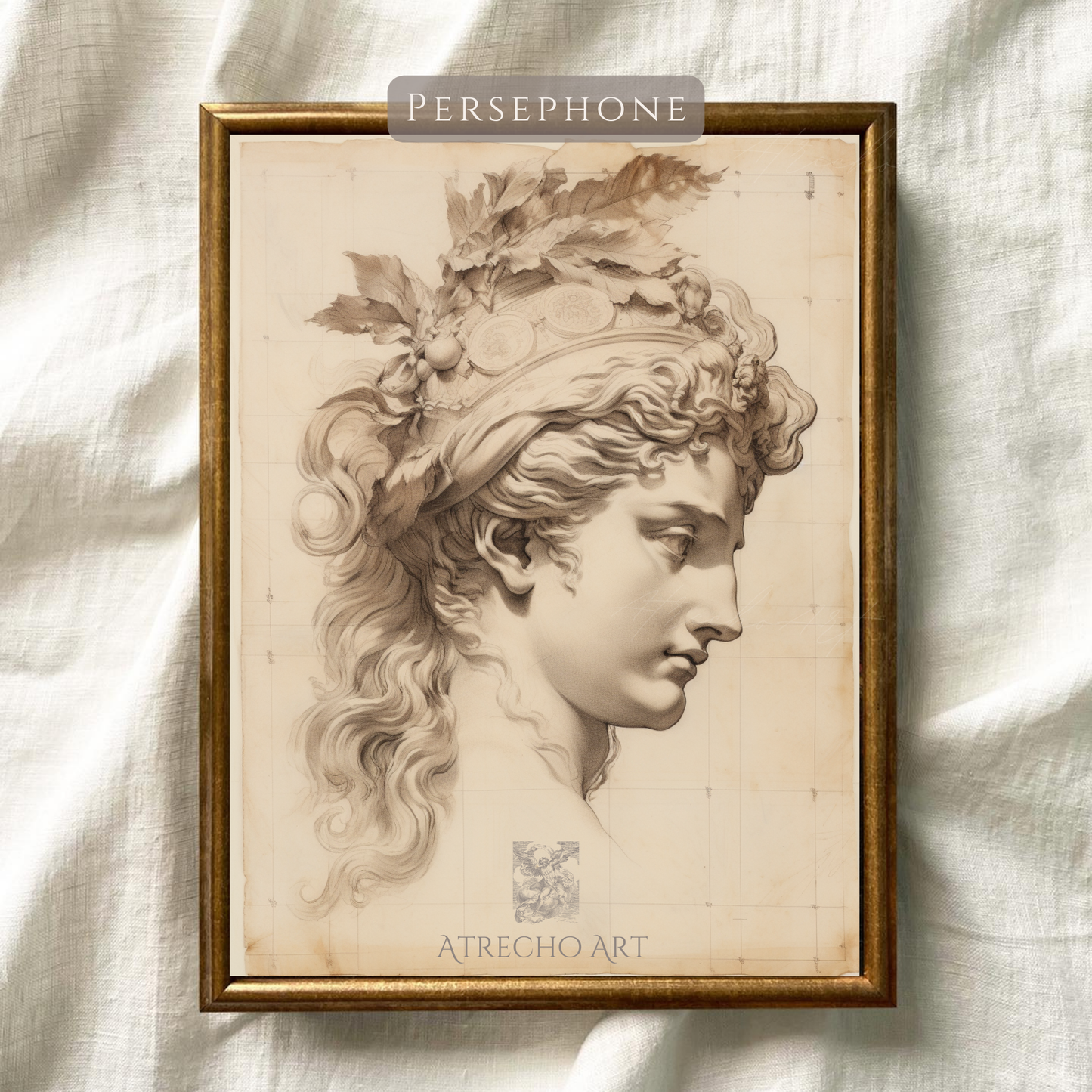Persephone art print in warm sepia, classical goddess profile sketch with oak-leaf crown on antique parchment PE55
