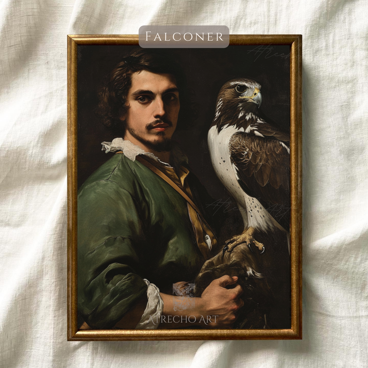 Classical falconry art print showing bearded falconer in green tunic holding majestic brown and white falcon against dark background in European old master style