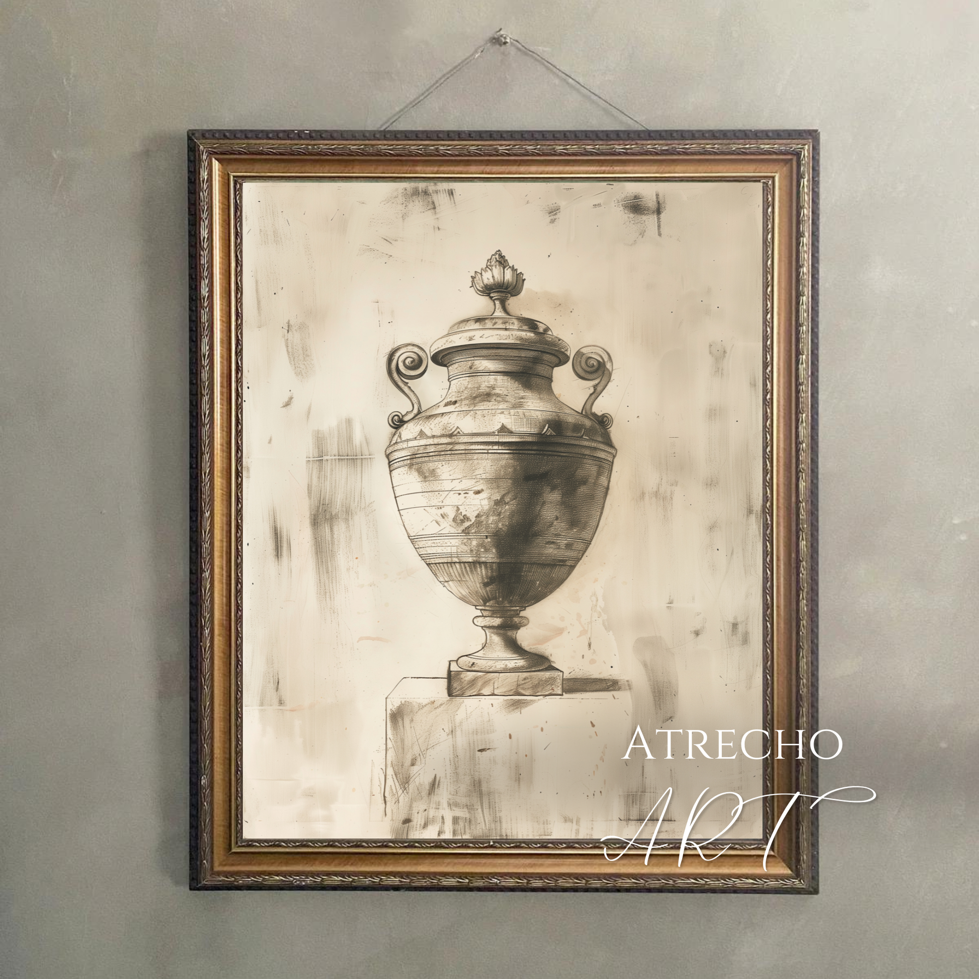 Set of four neutral sketch prints in sepia and graphite — classical urn, horse study, nautical seascape, and Roman bust — archival art prints P423