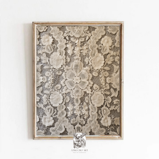 Vintage lace art print displayed against soft linen fabric backdrop