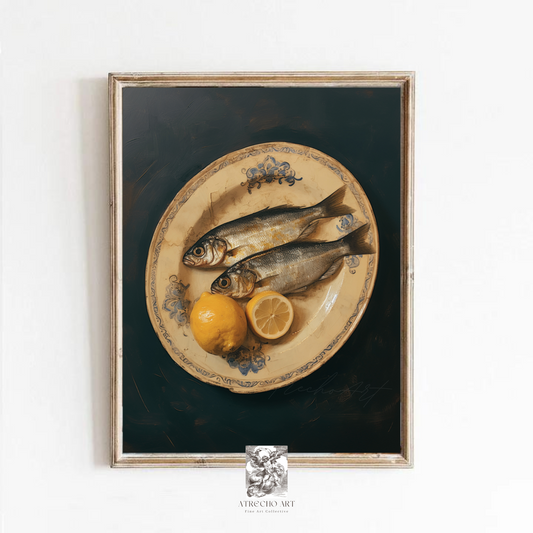 Las Doradas still life art print featuring two fresh golden fish with bright yellow lemons on cream decorative ceramic plate with blue ornamental border against dark background