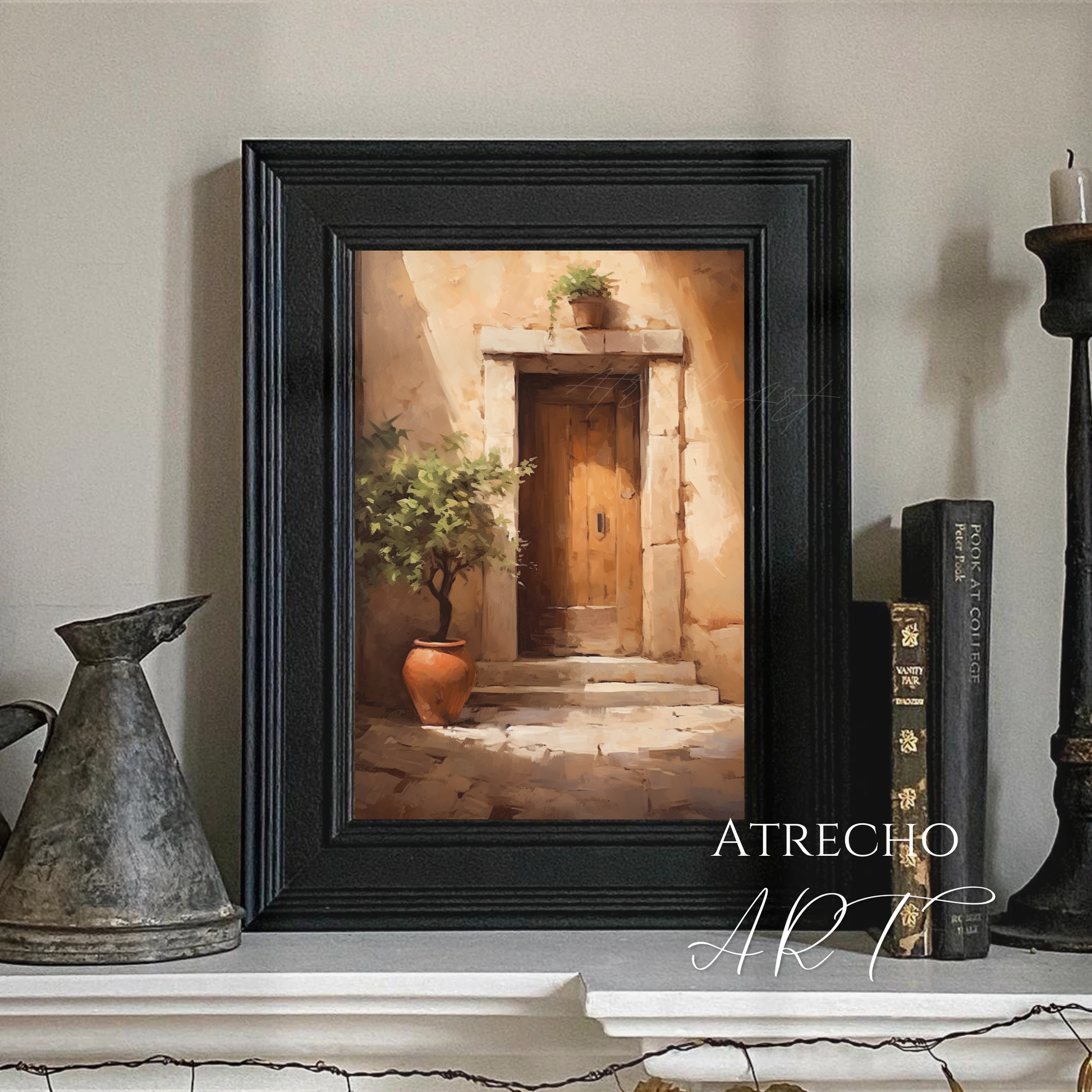 Mediterranean villa door with terracotta planters and weathered stone. Spanish courtyard architecture art print on museum-grade paper.