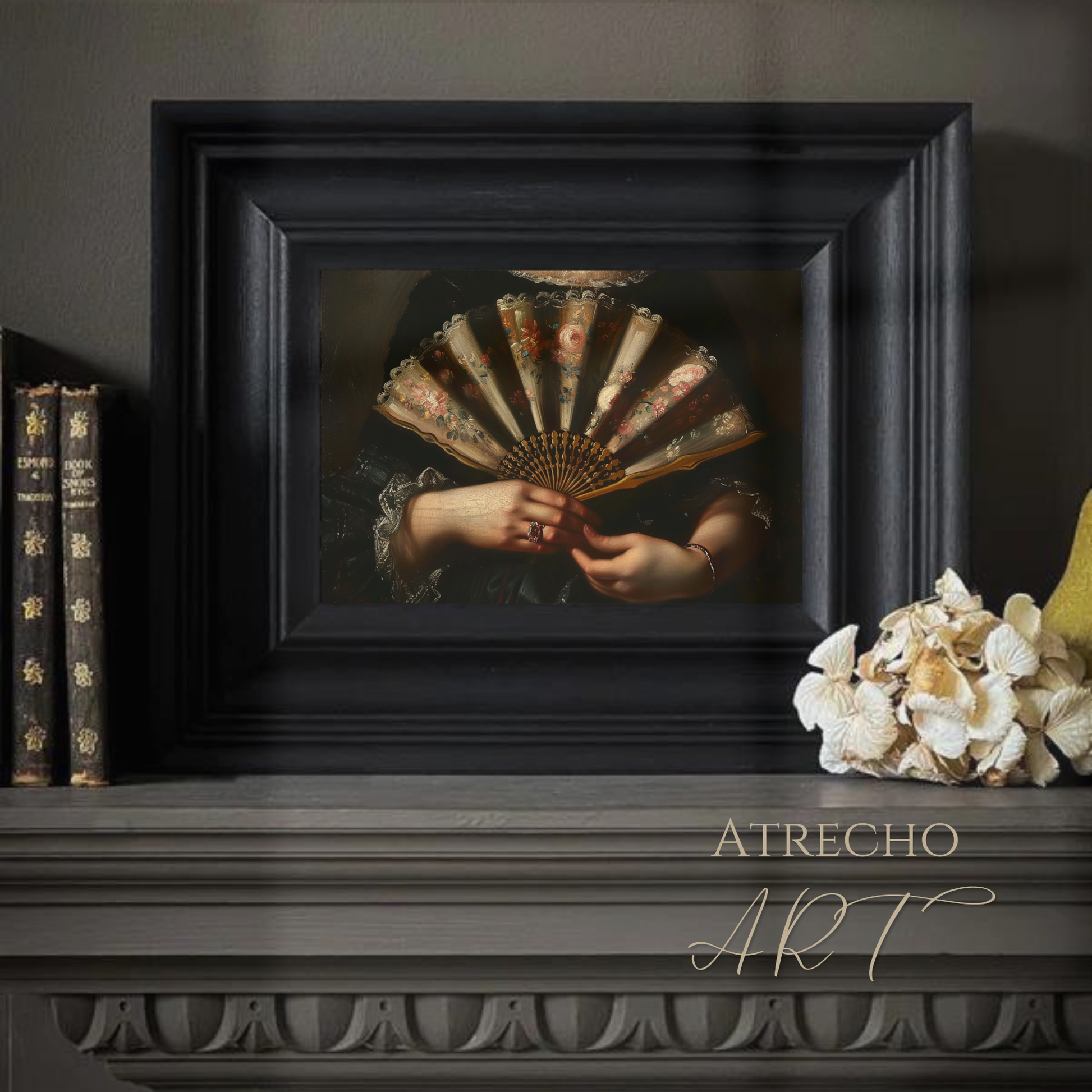 Lady with a fan print styled in a warm Old World room with candles and books, moody Baroque wall art, by Atrecho Art