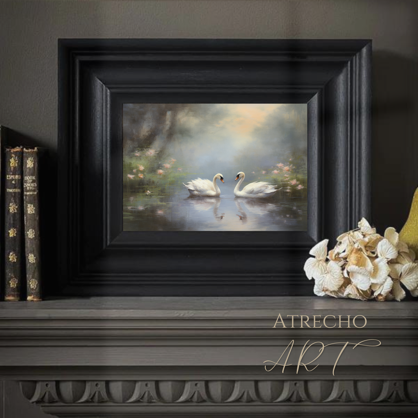 Two swans print styled in serene bedroom vignette — romantic vintage wall art with candle and books