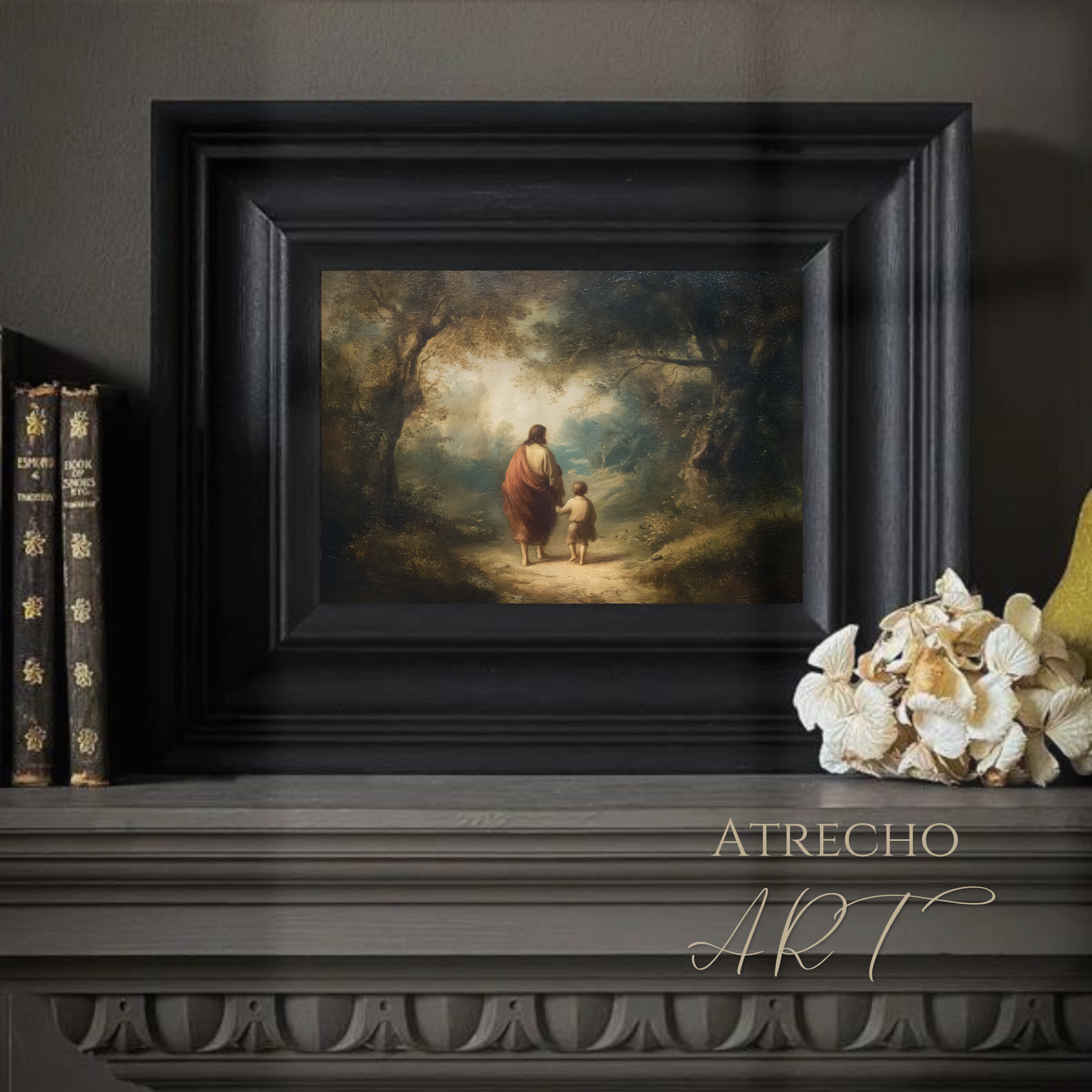 Vintage-inspired Jesus and child art print featuring warm golden lighting in Old World Spanish religious painting style, perfect for Christian home decor and prayer spaces