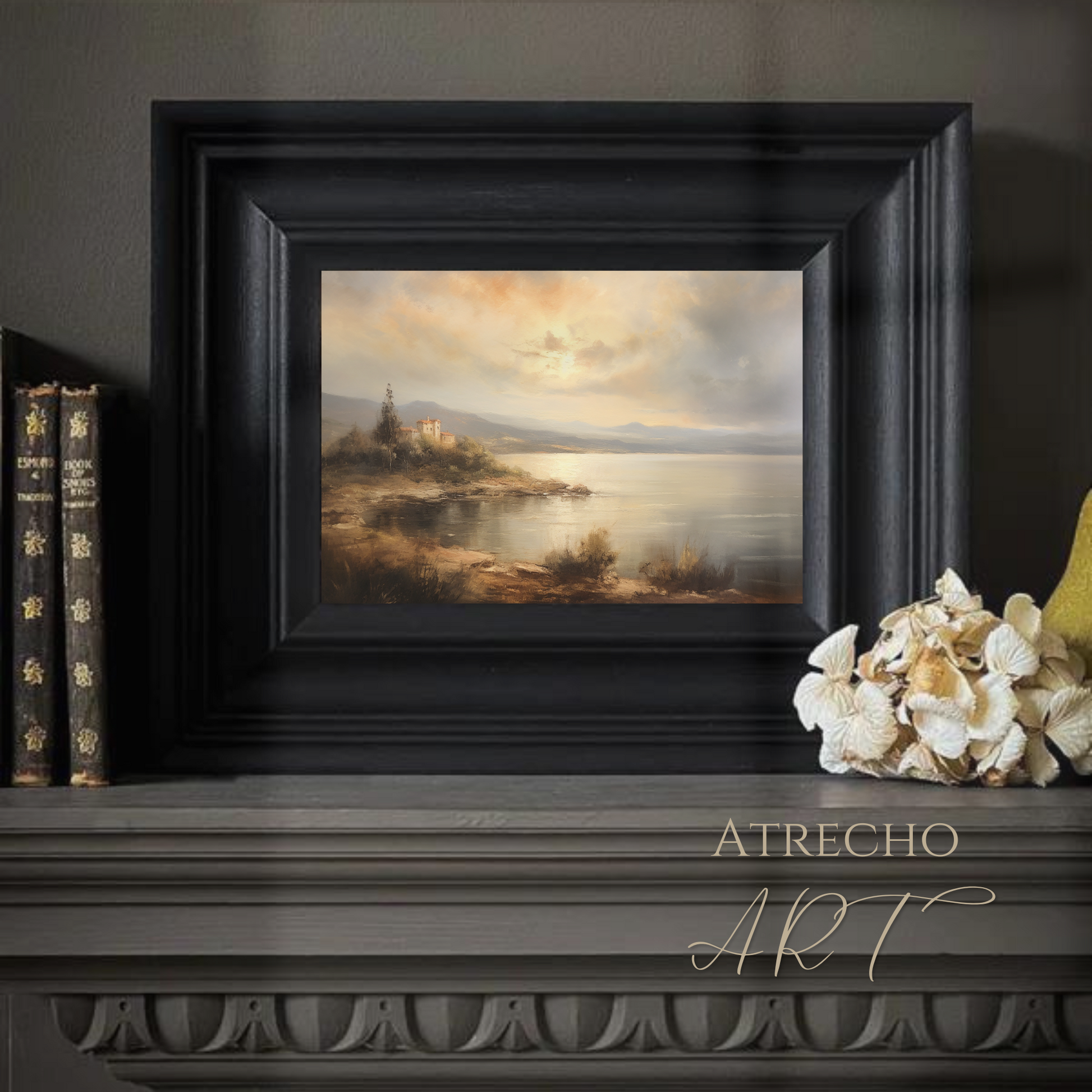 Vintage atmospheric lake landscape print with golden hour lighting and misty romantic scenery for light academia decor