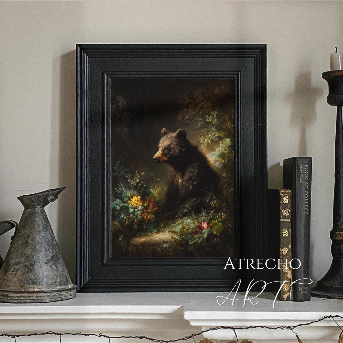 Brown bear print styled in a cozy room with books and a candle, moody Old World woodland wall art, by Atrecho Art