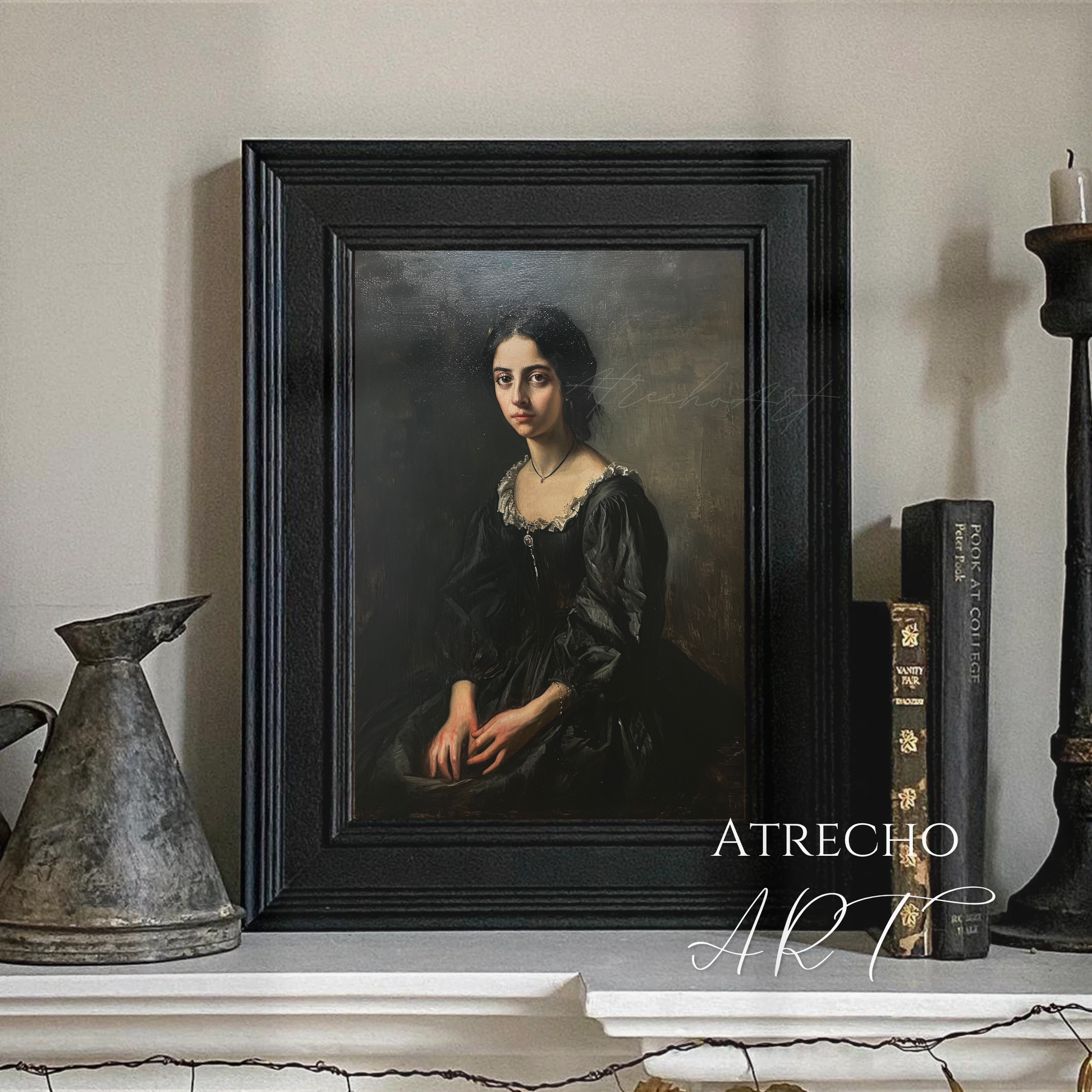 Elena witchcore portrait print featuring a Victorian woman in black dress with contemplative gaze against dark moody background classical European painting style