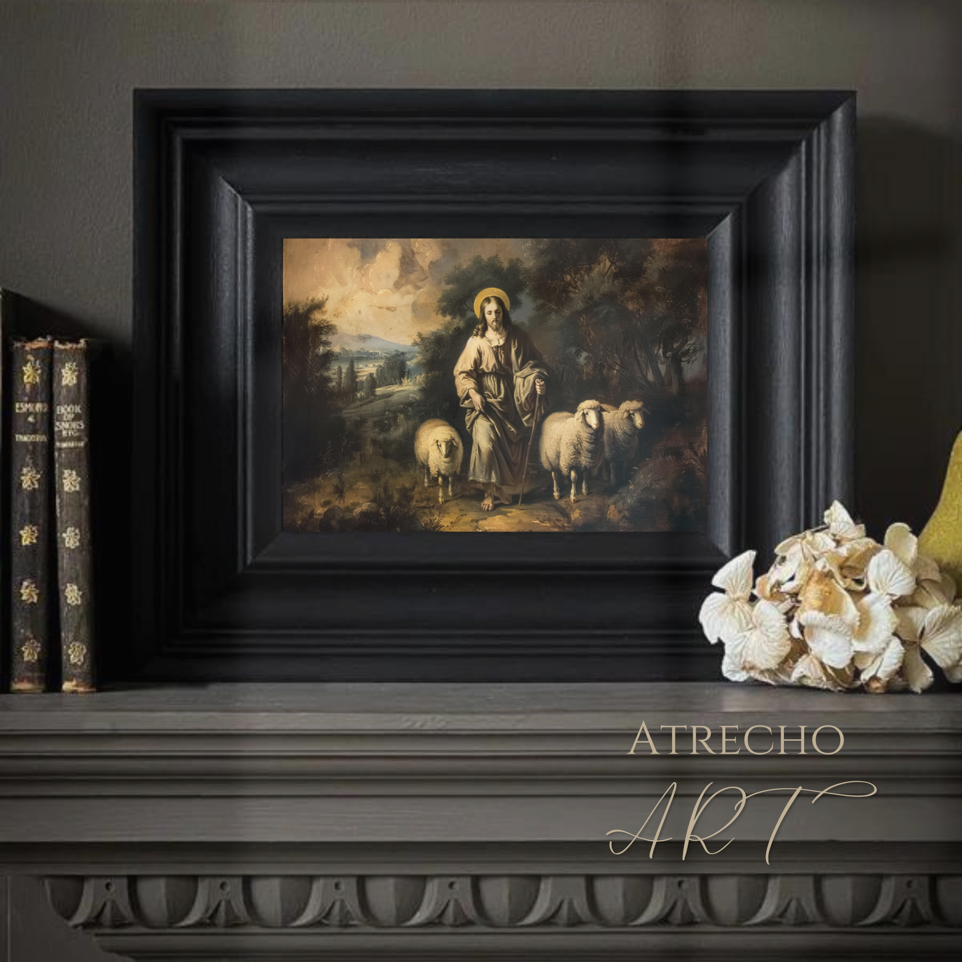 Classical religious art print of The Lord is My Shepherd featuring a robed figure with golden halo standing with sheep in pastoral European landscape with atmospheric Old Masters painting style
