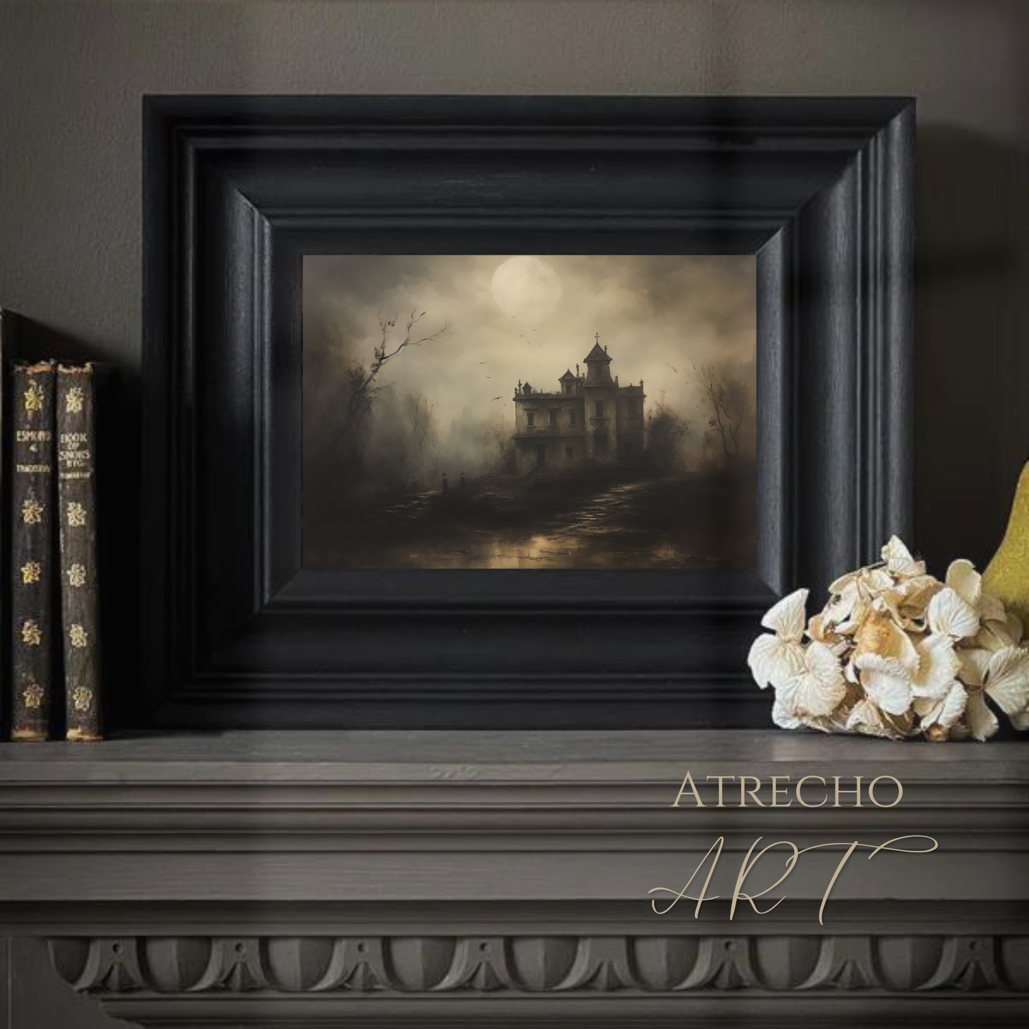 Gothic haunted house print in a moody styled room with candles and books, autumn seasonal decor, by Atrecho Art