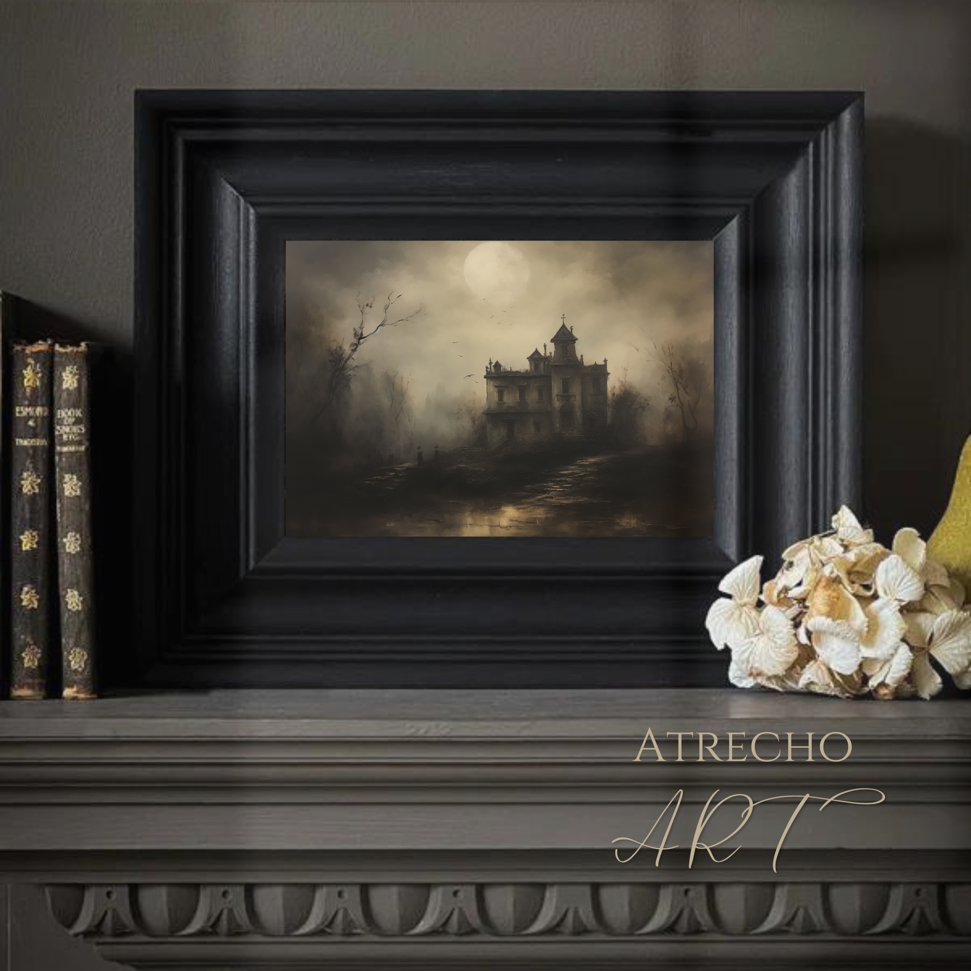 Gothic haunted house print in a moody styled room with candles and books, autumn seasonal decor, by Atrecho Art