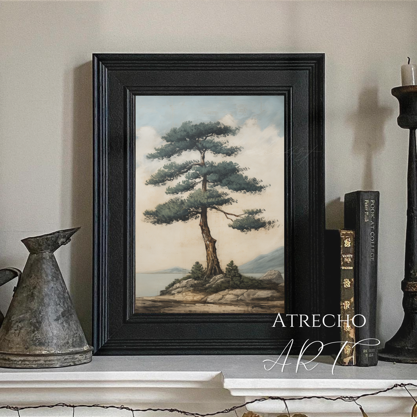 Coastal pine tree print in a calm bedroom with linen bedding and a ceramic vase, naturalist wall art, by Atrecho Art