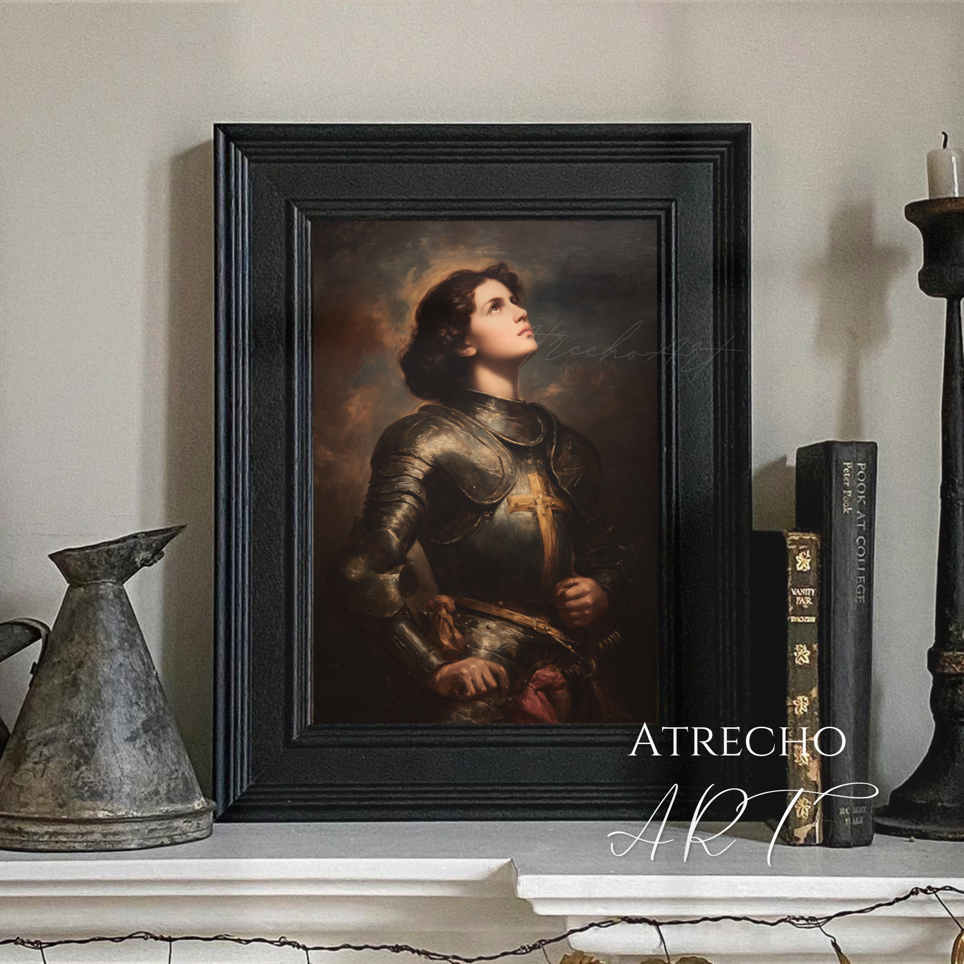 (04 lifestyle) Joan of Arc print styled in a moody study with candles and old books, French saint devotional decor, by Atrecho Art