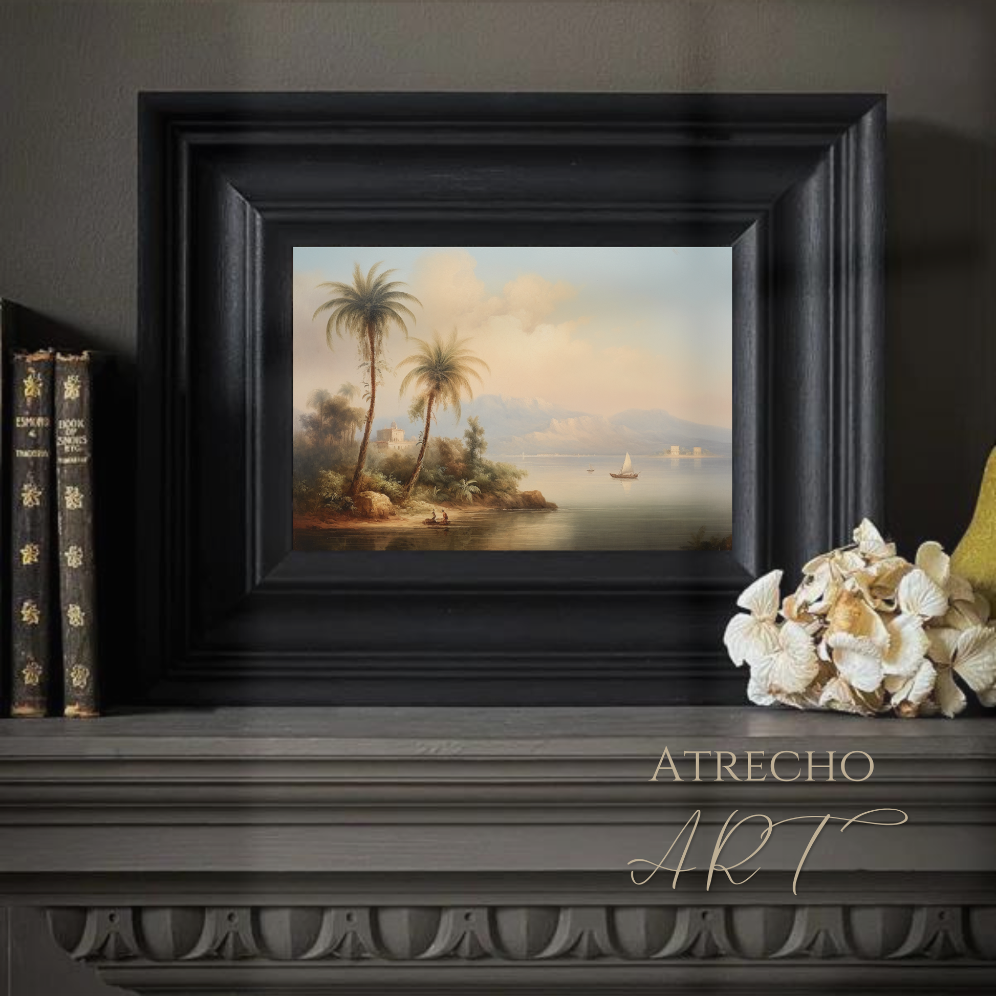 Golden-hour coastal landscape print styled on a neutral in a warm, inviting living room, by Atrecho Art