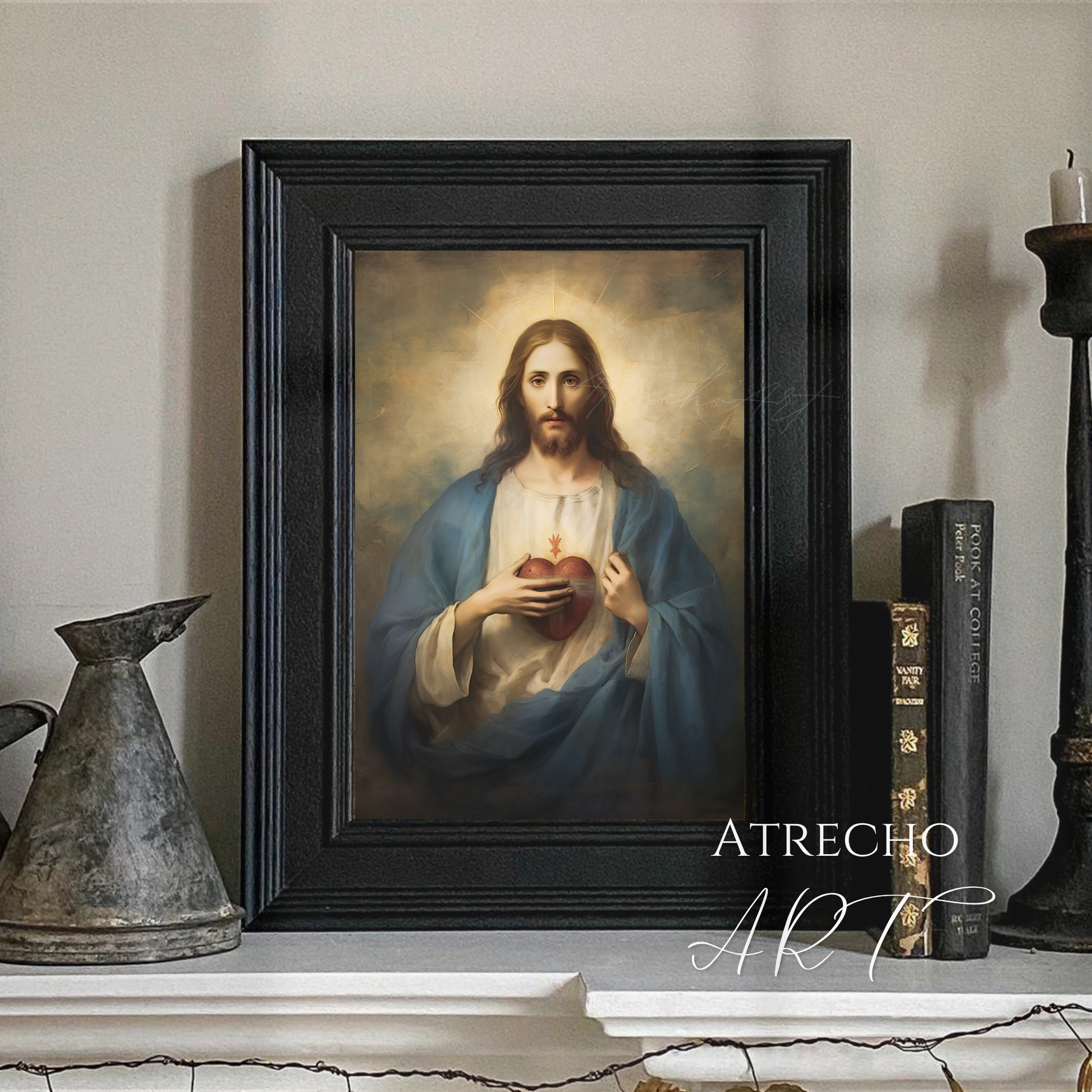 Sacred Heart of Jesus print showing Christ in blue robes with glowing sacred heart, golden halo and divine light for Catholic religious wall art