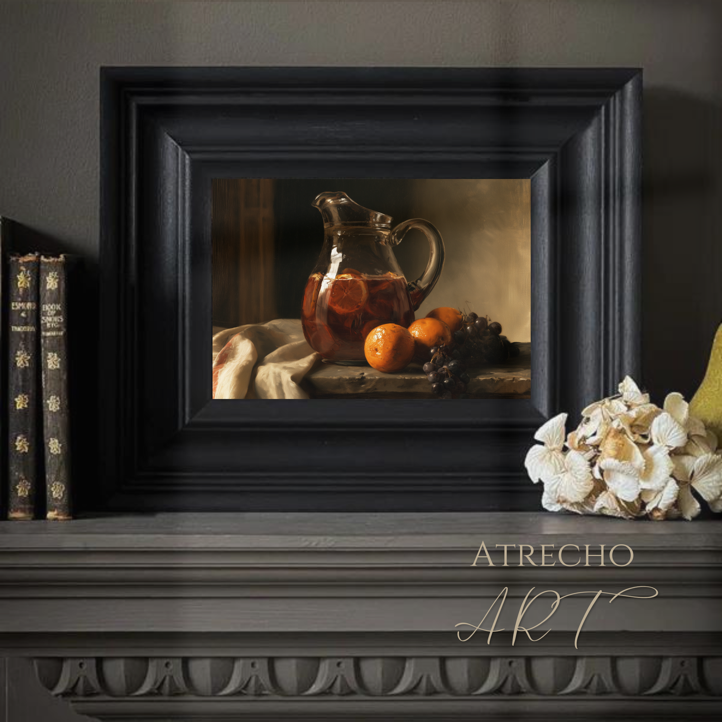 Framed sangria still life styled above a bar cart with books and candles, warm dining vignette by Atrecho Art