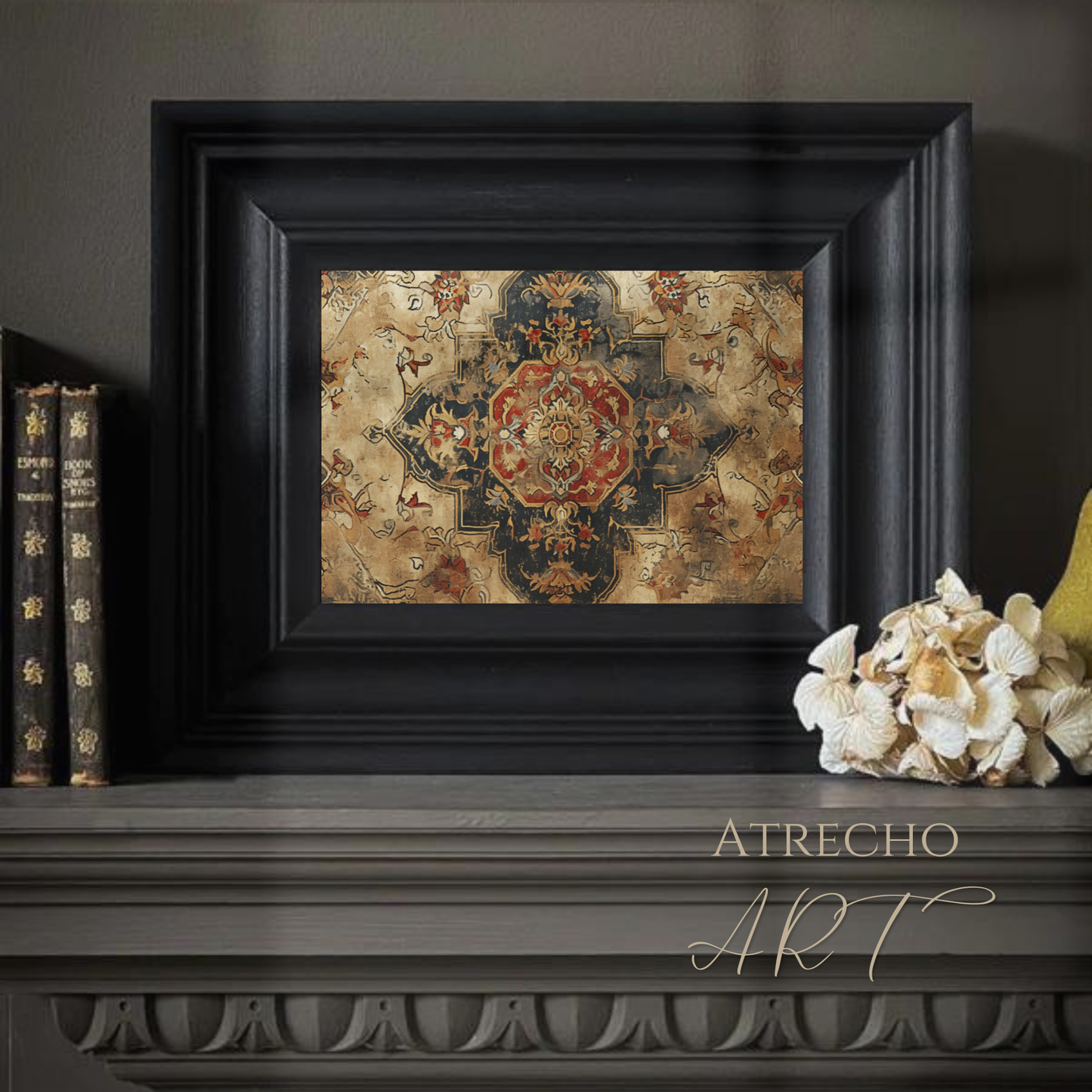 Persian rug art print styled in a warm living room with books and candles, antique medallion textile, by Atrecho Art