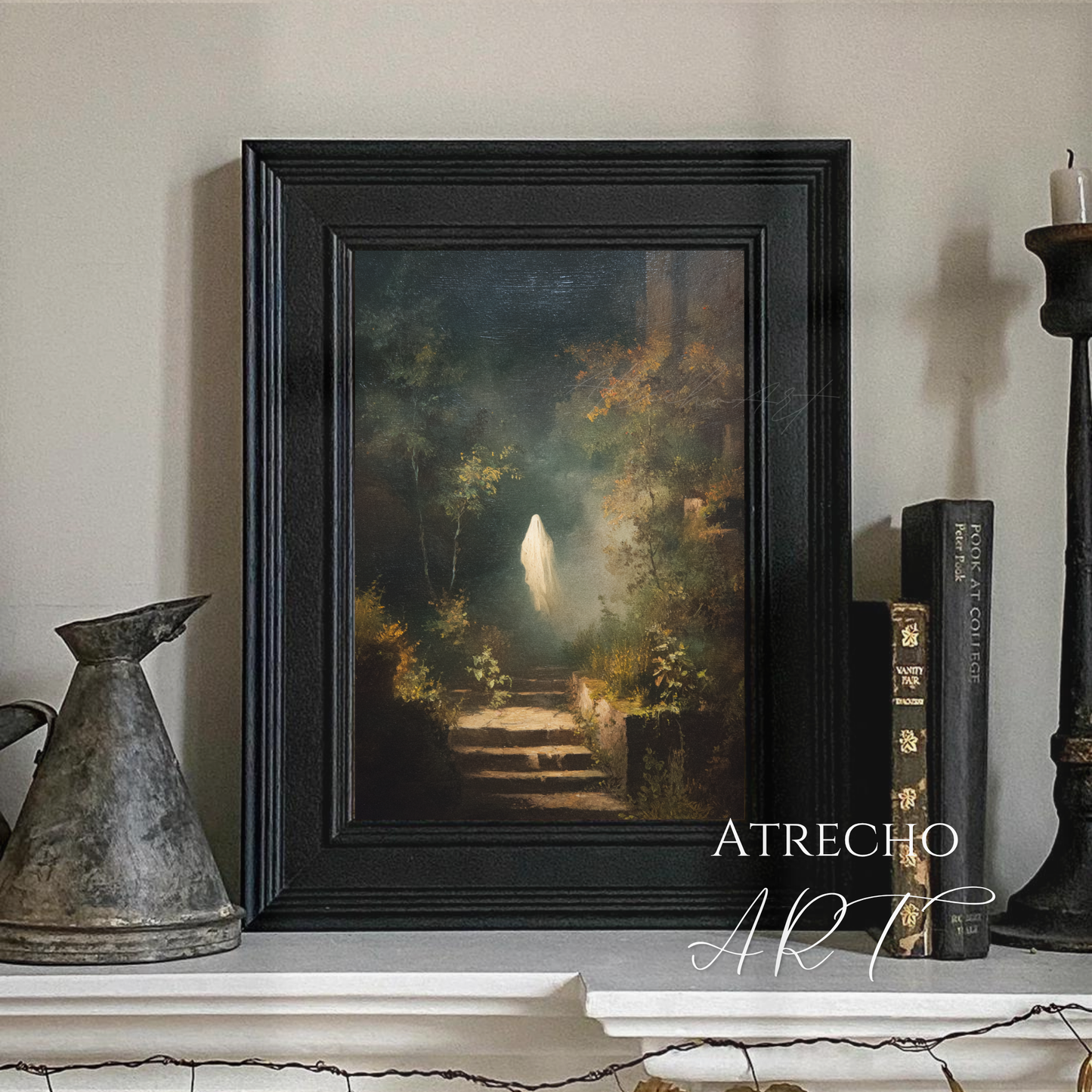 Ghost garden art print featuring ethereal white spirit ascending weathered stone steps in dark overgrown garden with golden autumn foliage and moody lighting