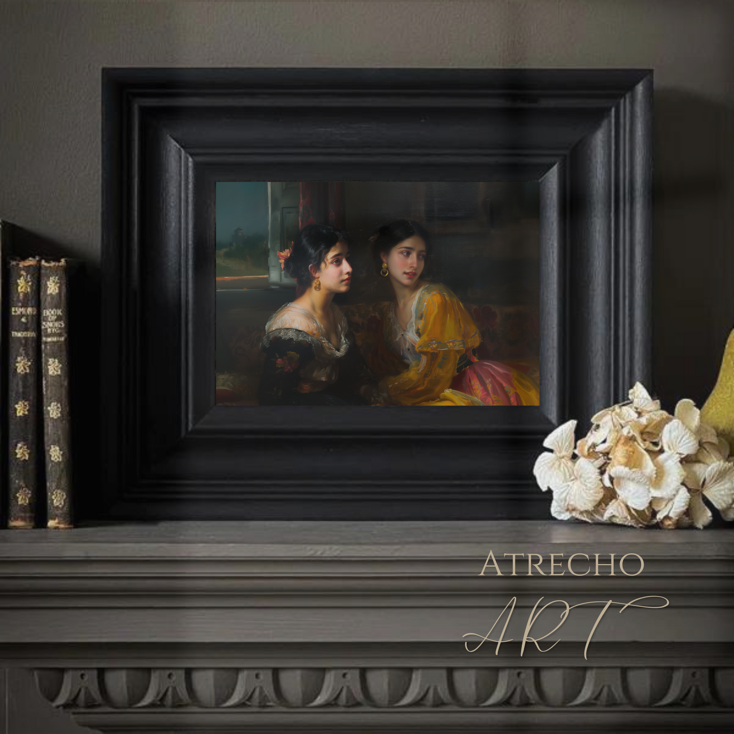 The Dancers Spanish classical portrait print showing two elegant women in 19th century period dress perfect for dark academia wall decor