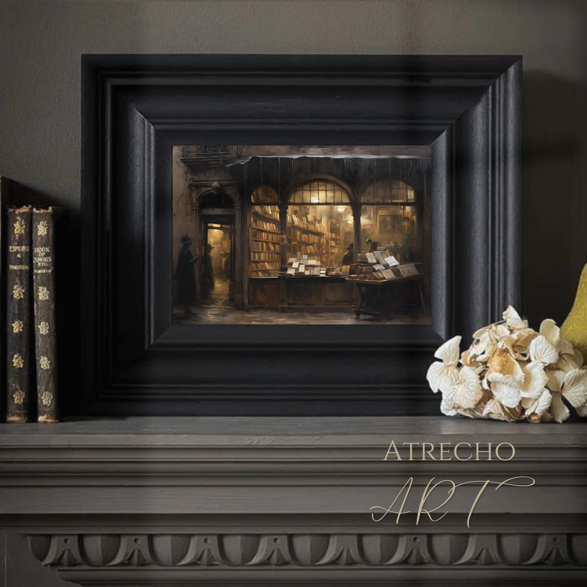 Old World bookshop art print in dark walnut frame above a reading desk with lamp and stacked books, AR24 by Atrecho Art