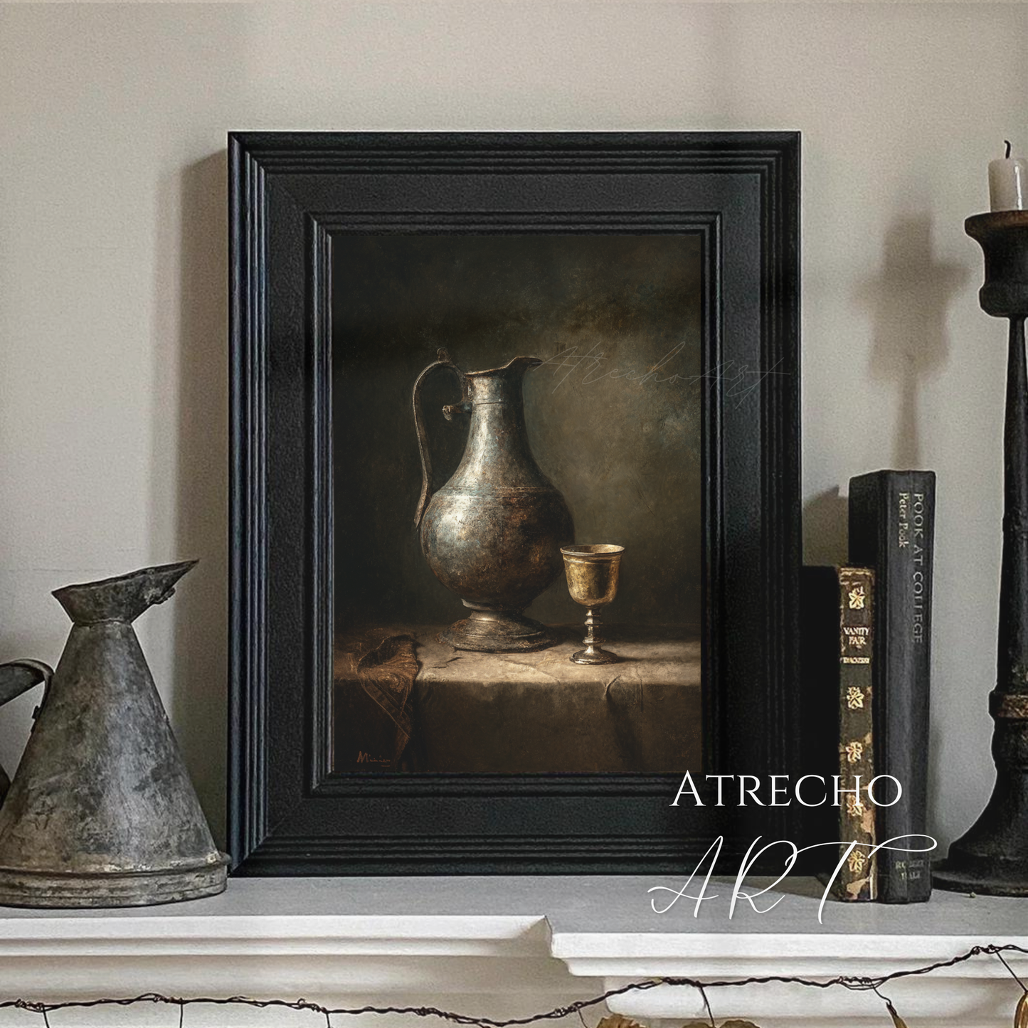 Wine pitcher still life print in a candlelit dining room vignette with aged books and pewter, by Atrecho Art