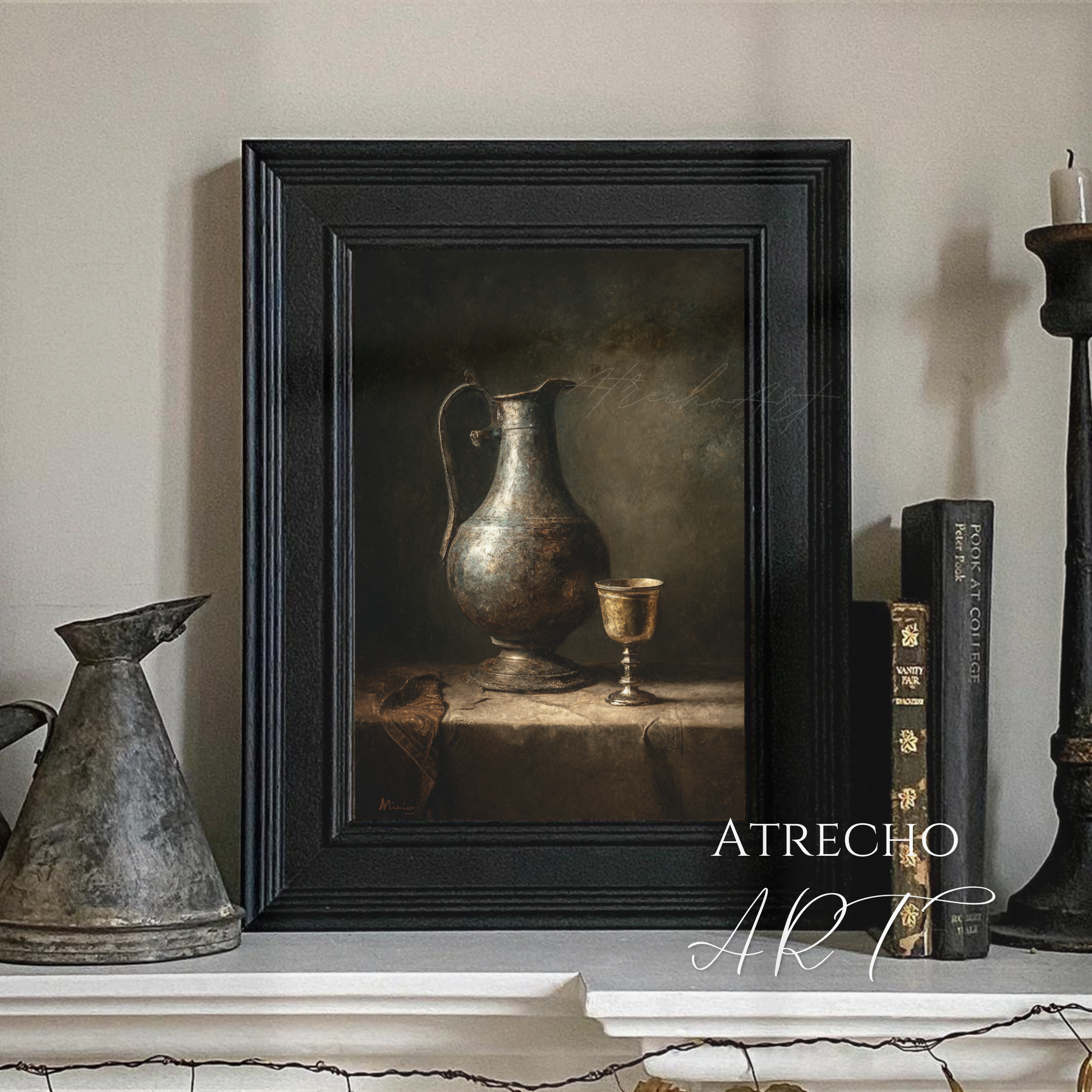 Wine pitcher still life print in a candlelit dining room vignette with aged books and pewter, by Atrecho Art