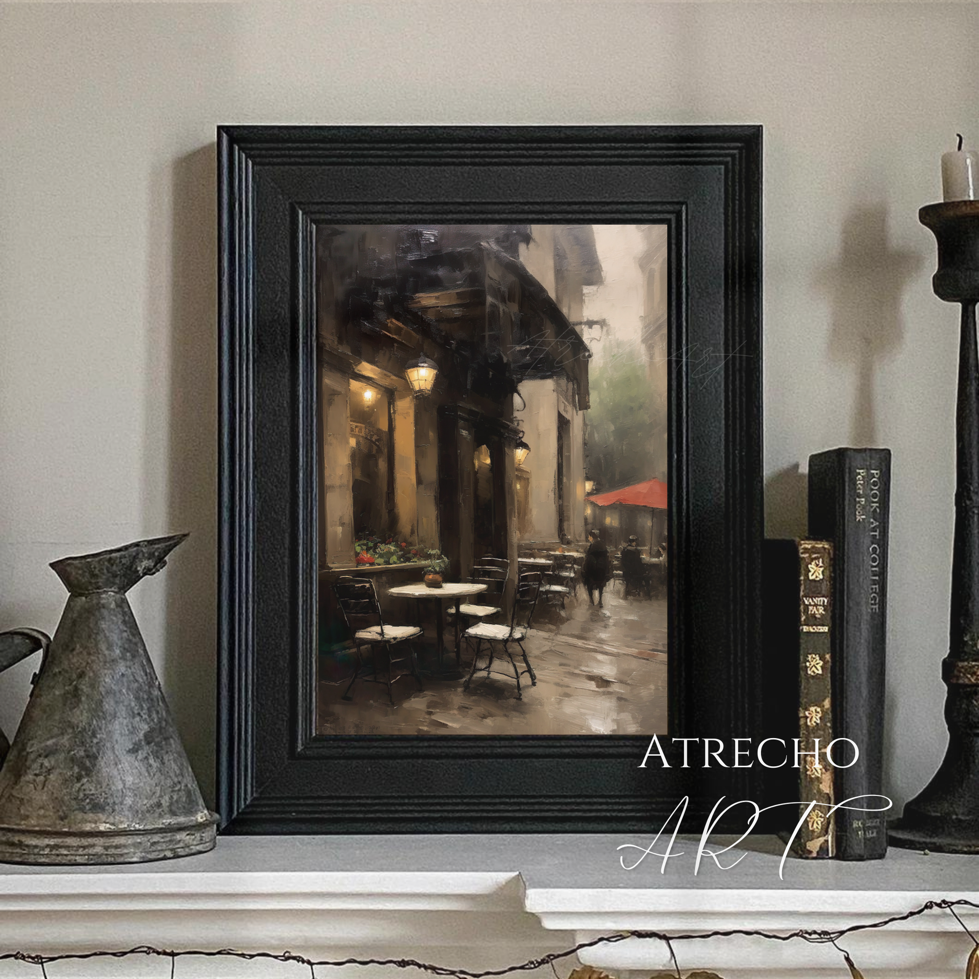 European cafe wall art featuring atmospheric street scene with outdoor dining, vintage lanterns, and cozy bistro ambiance perfect for coffee shop decor
