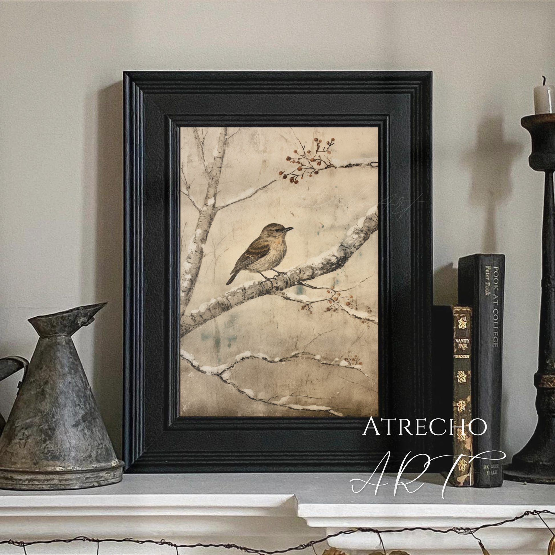 Winter bird print in a serene japandi room vignette on a neutral wall, by Atrecho Art
